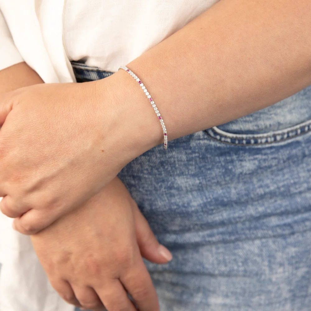Sterling Silver Rhodium Plated Round White Zirconia And Created Ruby 16.5+3cm Tennis Bracelet - Image 3