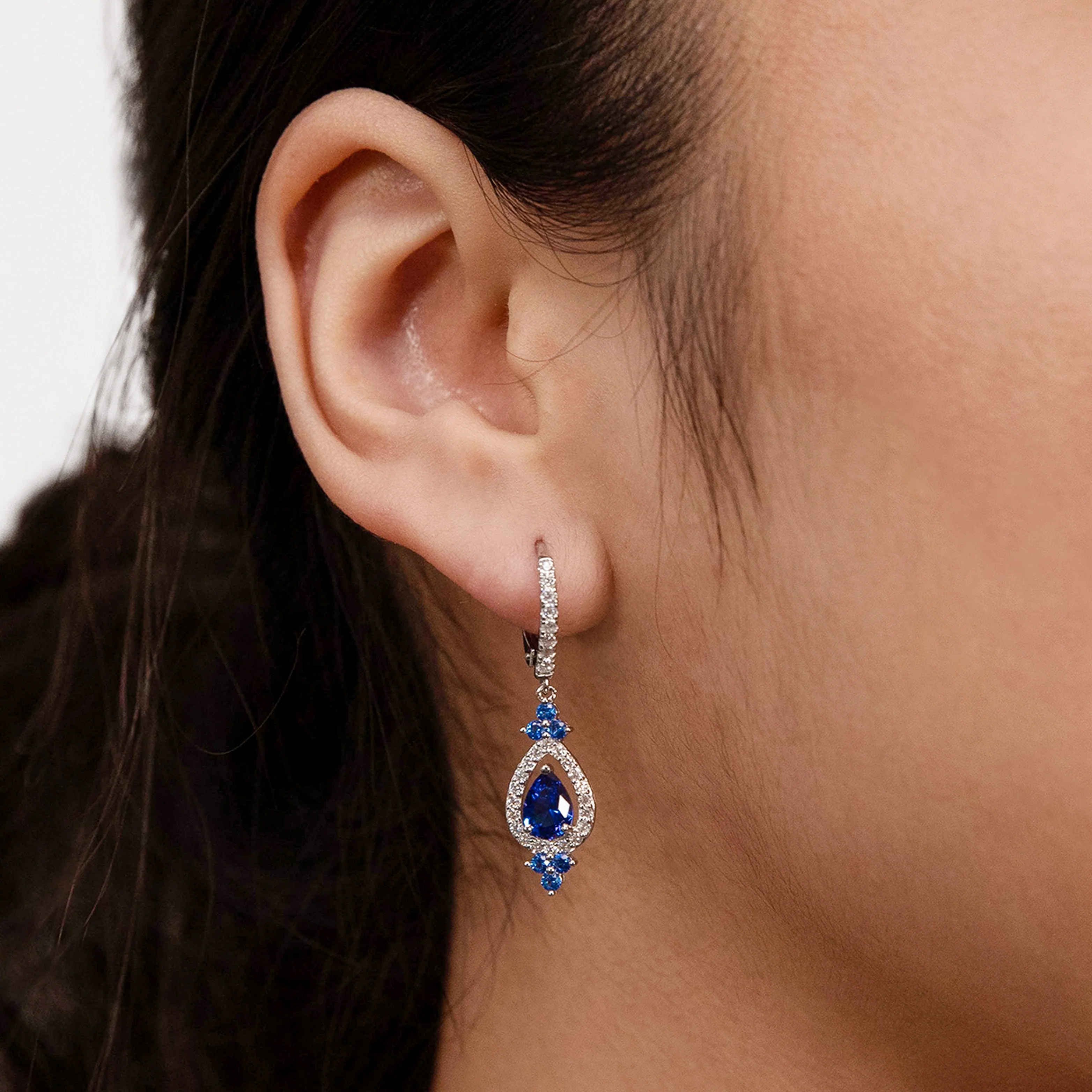 Sterling Silver Rhodium Plated Sapphire Blue & White Cubic Zirconia Drop Earring - Image 2