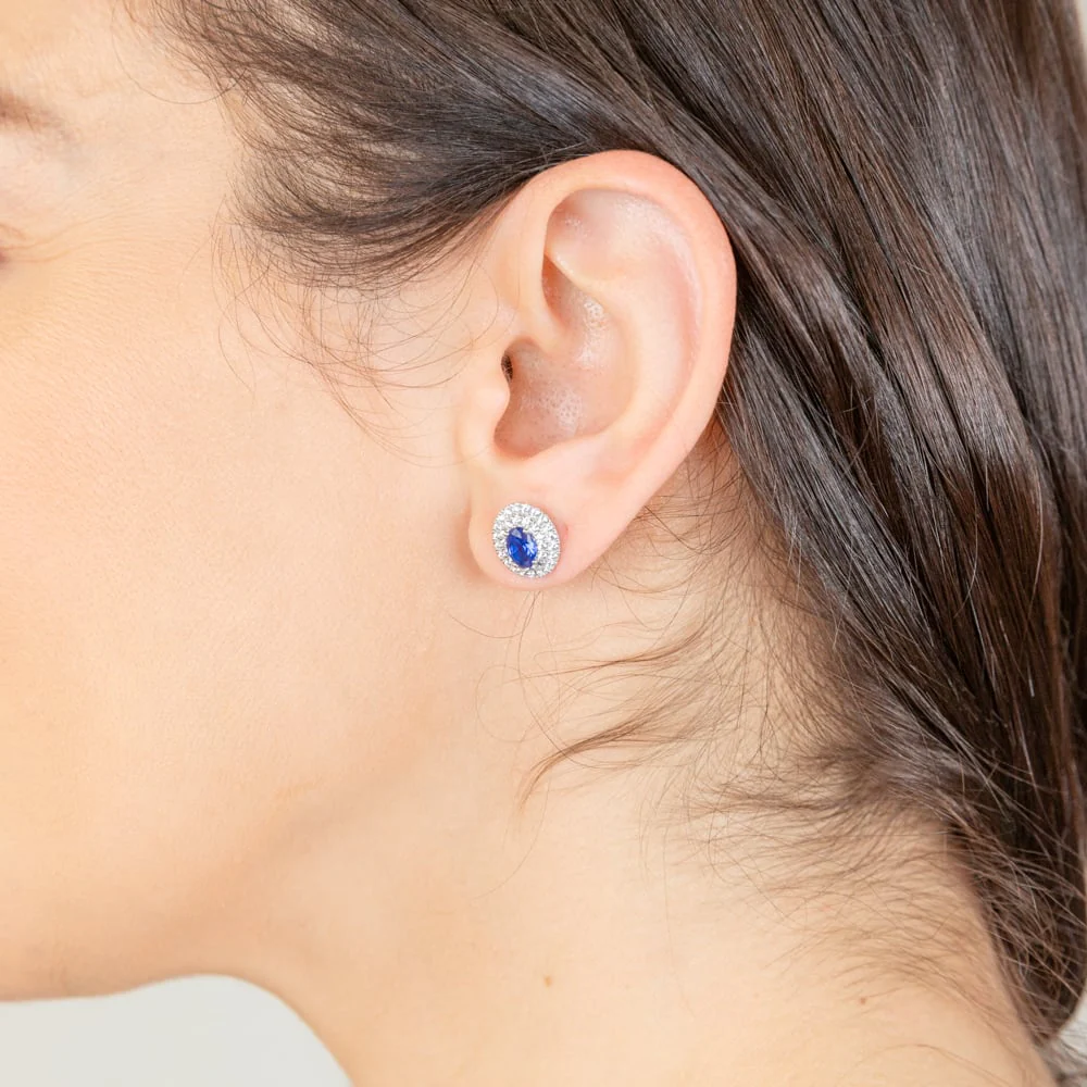 Sterling Silver Rhodium Plated Sapphire Coloured And White Cubic Zirconia Studs Earrings - Image 2