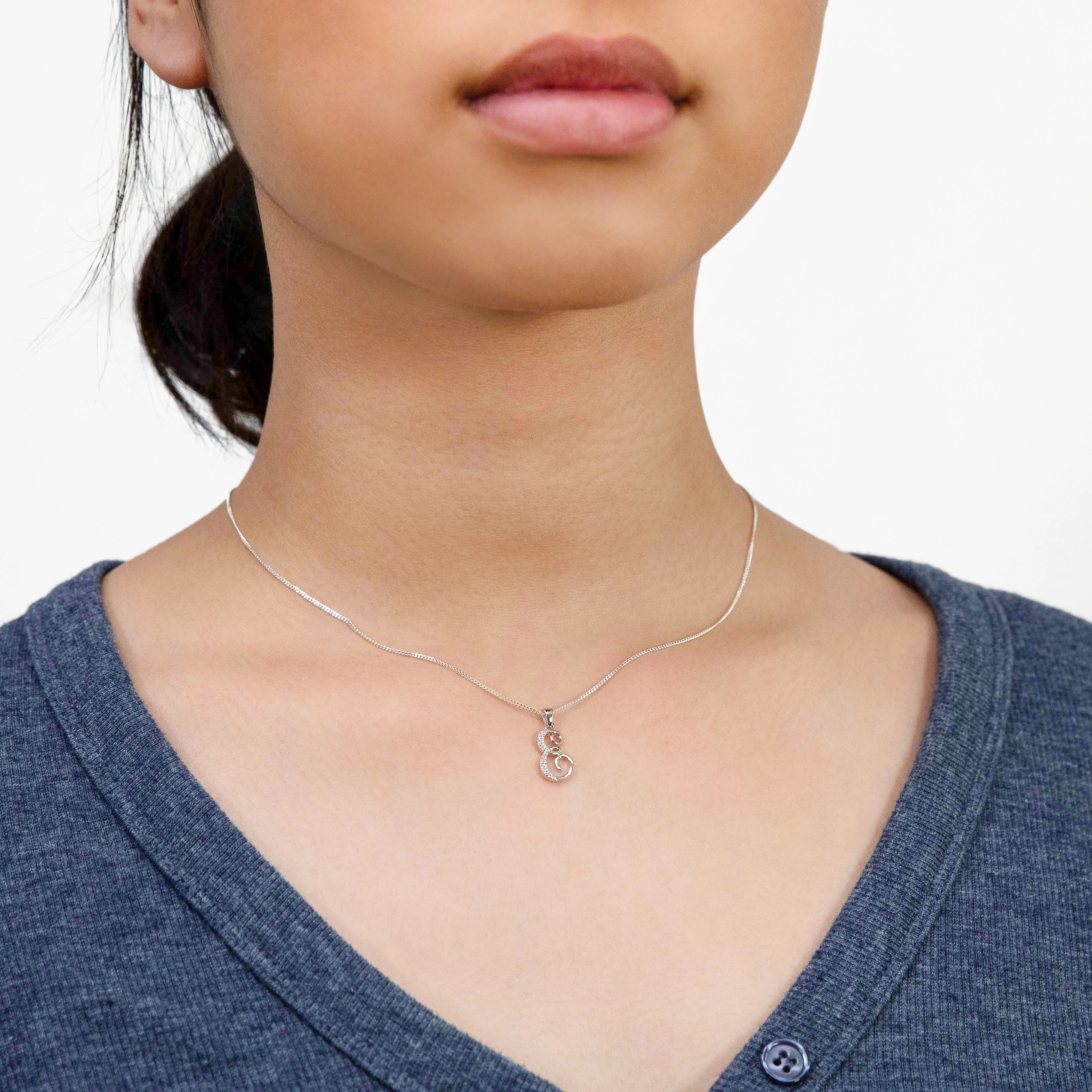 Sterling Silver Rhodium Plated Script "E" Initial Pendant - Image 2