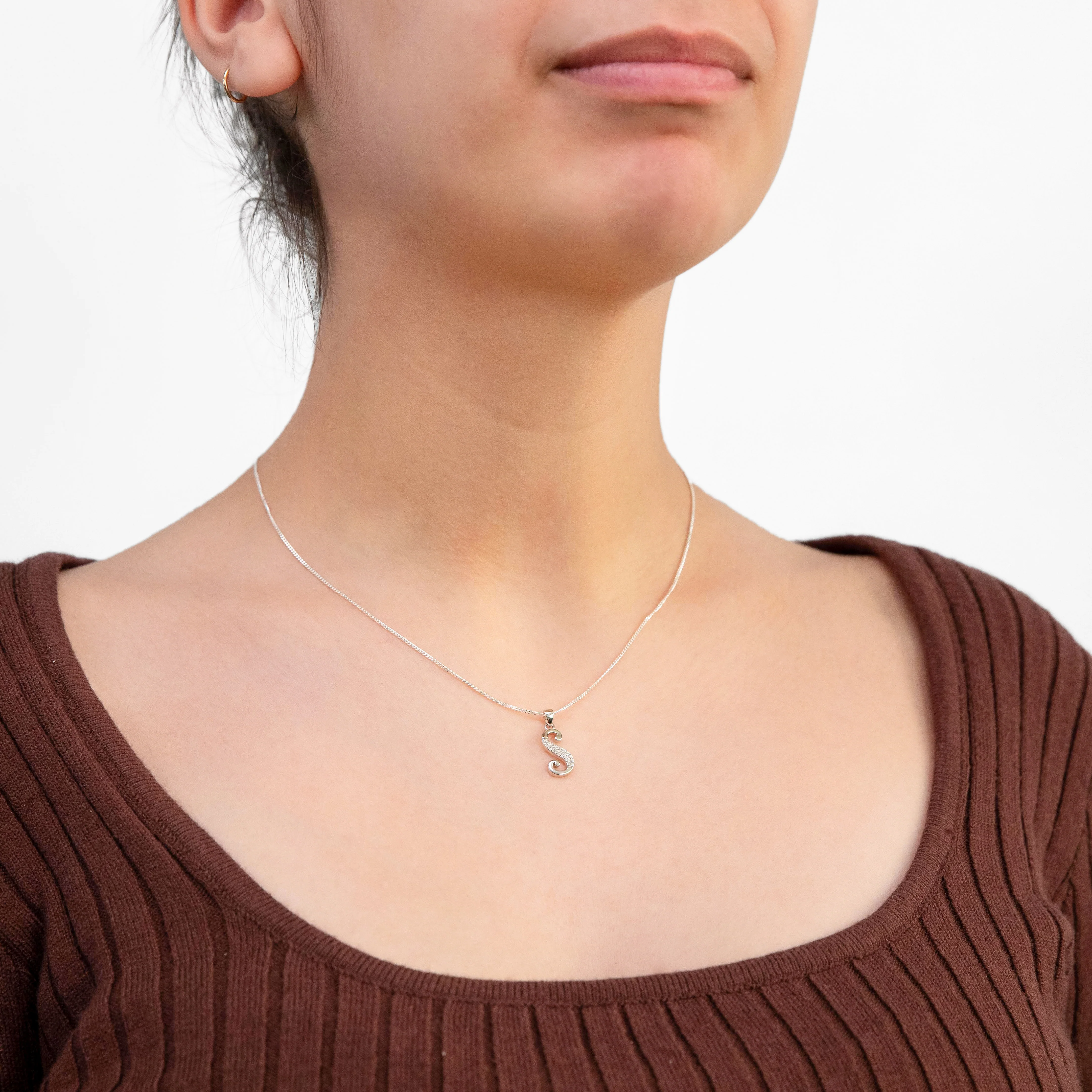 Sterling Silver Rhodium Plated Script "S" Initial Pendant - Image 2