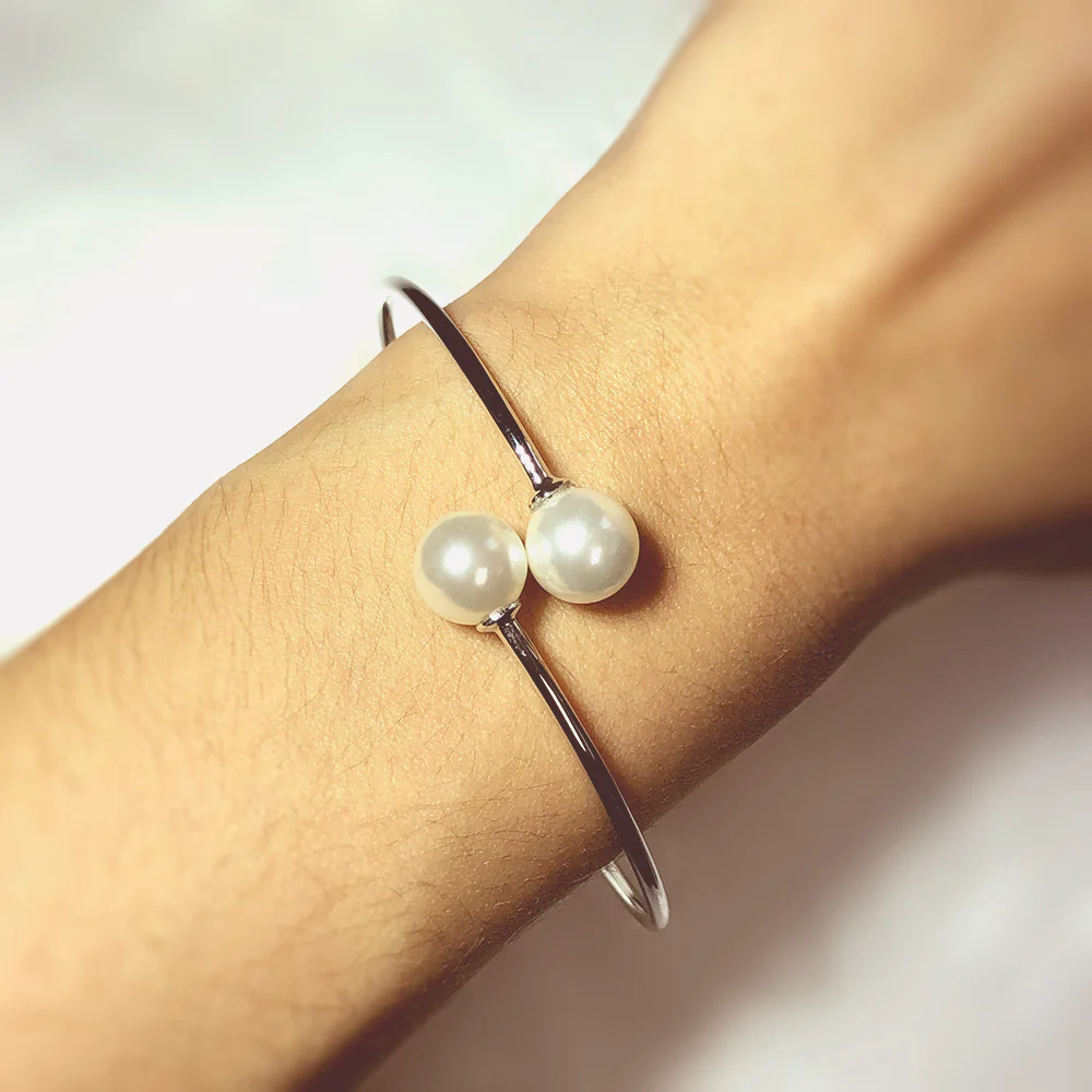 Sterling Silver Rhodium Plated Simulated Pearl Bangle - Image 2