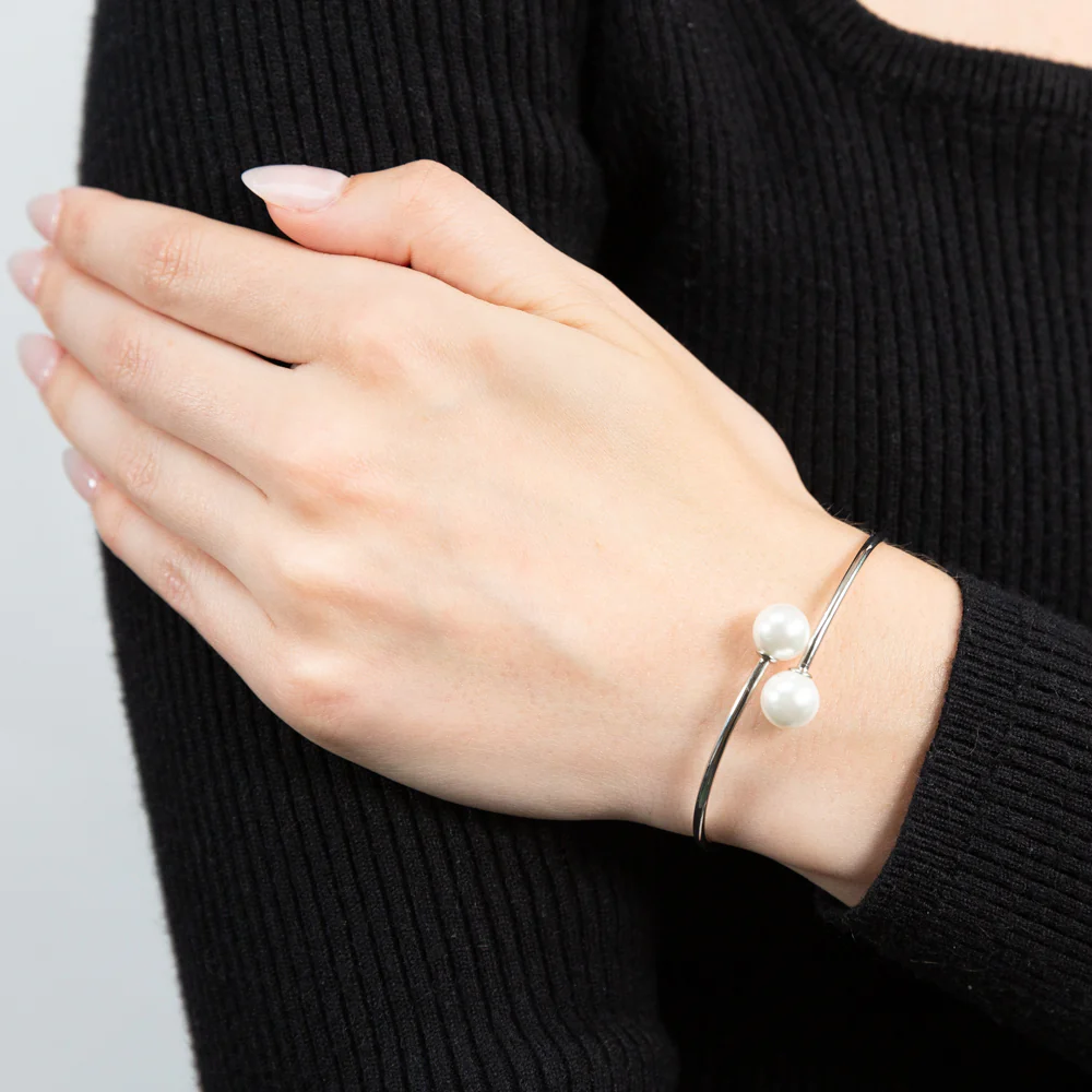 Sterling Silver Rhodium Plated Simulated Pearl Bangle - Image 3