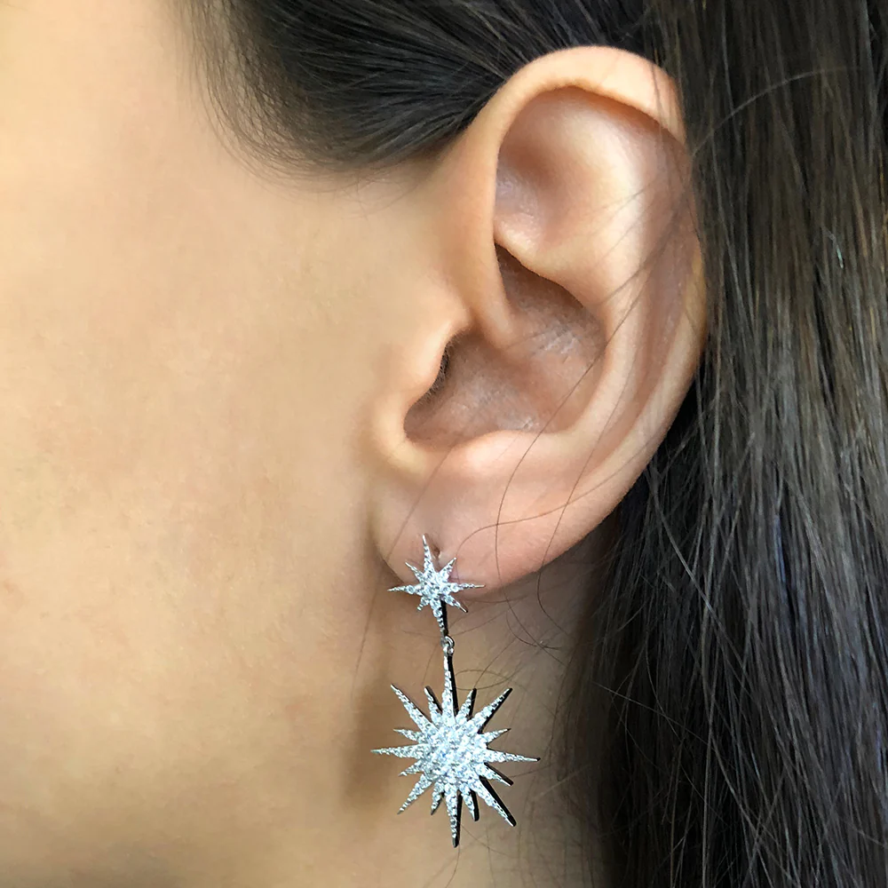 Sterling Silver Rhodium Plated Starburst Cubic Zirconia Drop Earrings - Image 2
