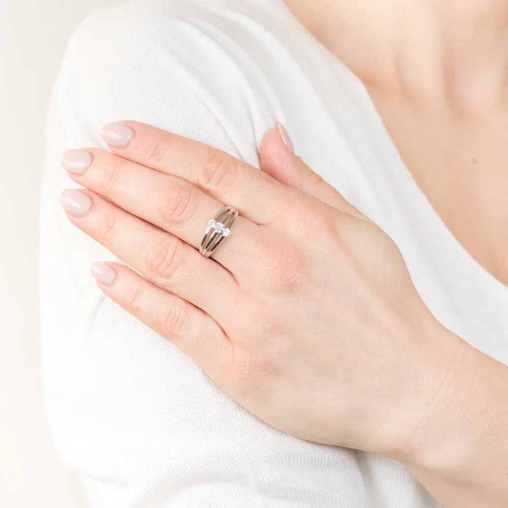 Sterling Silver Rhodium Plated Triple White Cubic Zirconia Ring - Image 3