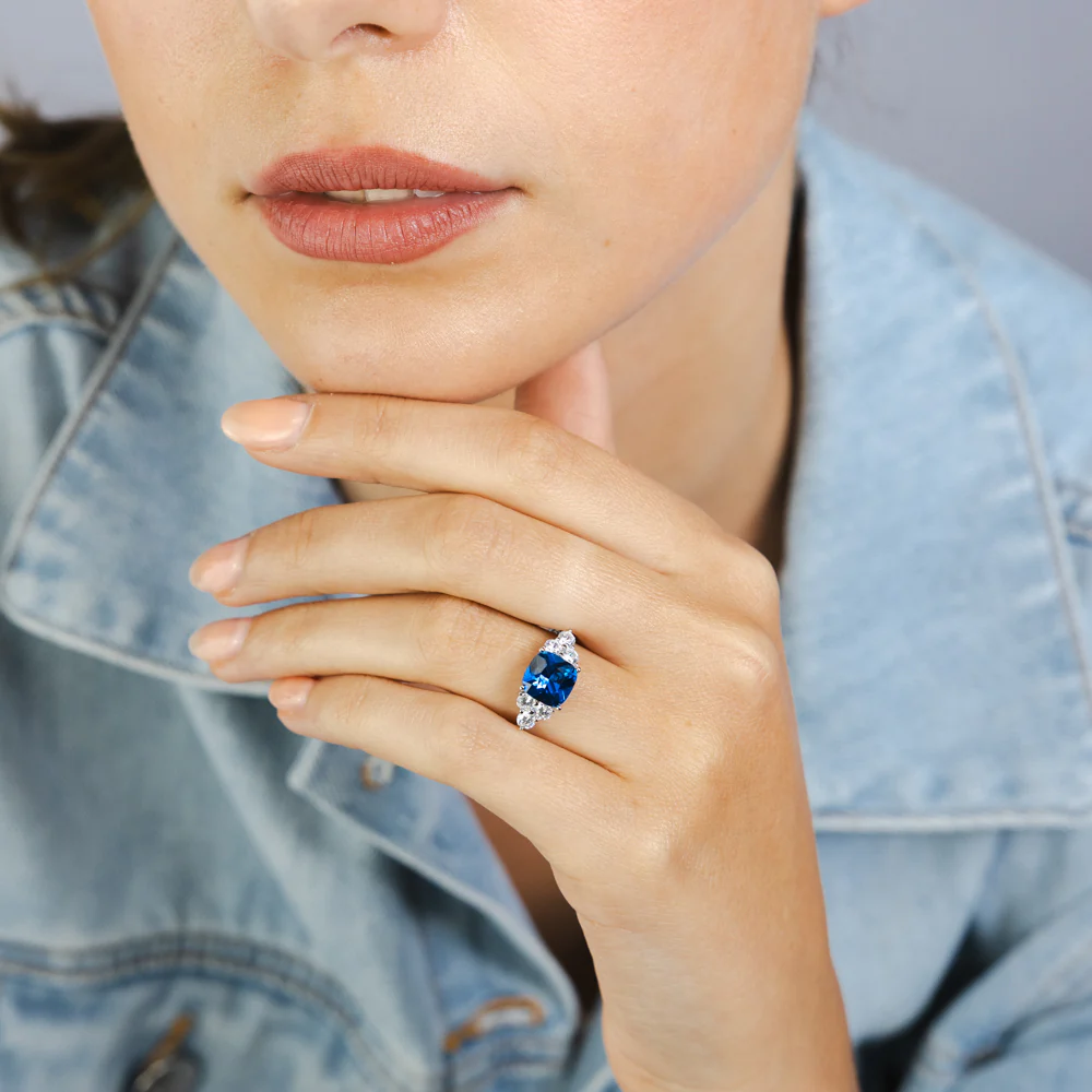 Sterling Silver Rhodium Plated White And Blue Cubic Zirconia Fancy Ring - Image 3