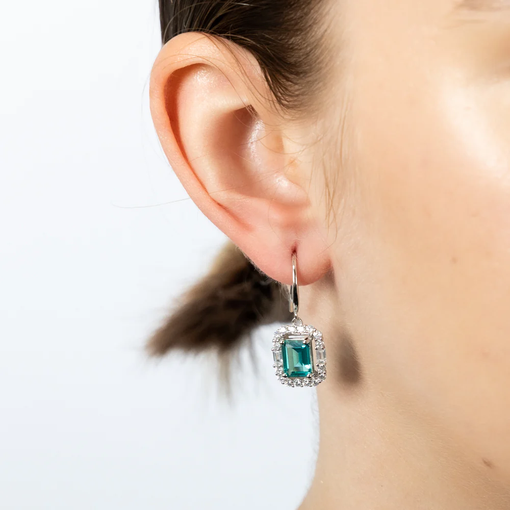 Sterling Silver Rhodium Plated White And Emerald Green Cubic Zirconia Rectangular Drop Earrings - Image 2