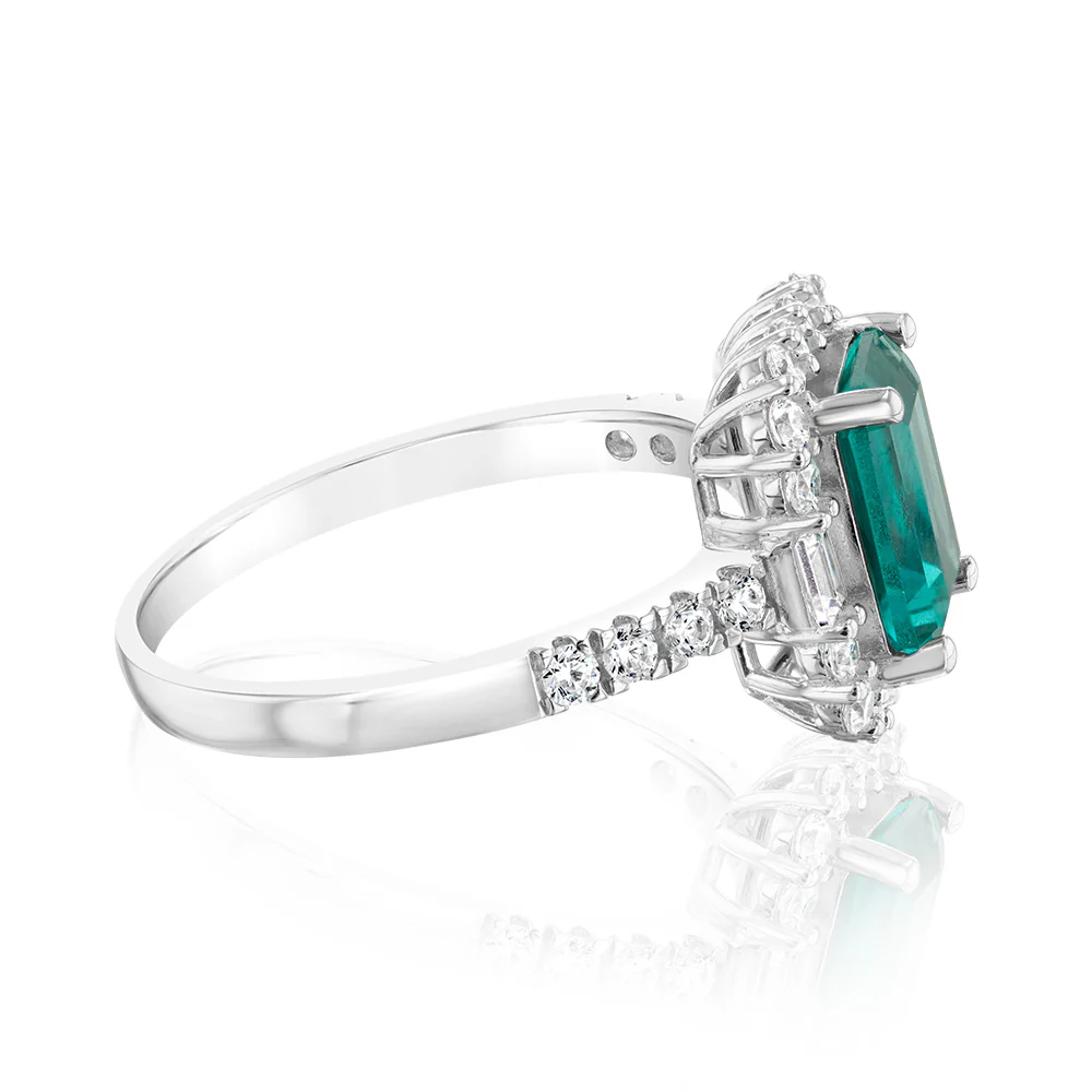 Sterling Silver Rhodium Plated White And Emerald Green Rectangular Cubic Zirconia Ring - Image 2