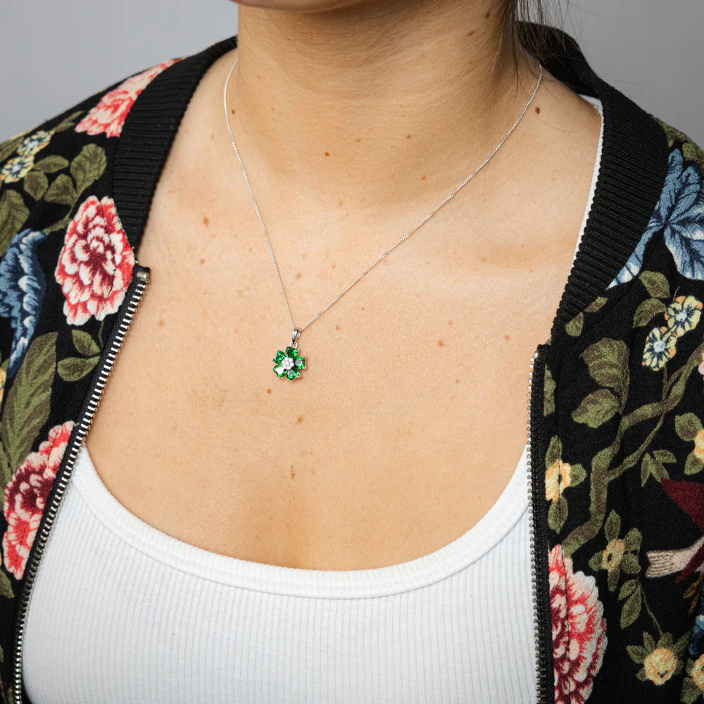 Sterling Silver Rhodium Plated White And Green Cubic Zirconia Flower Pendant - Image 2