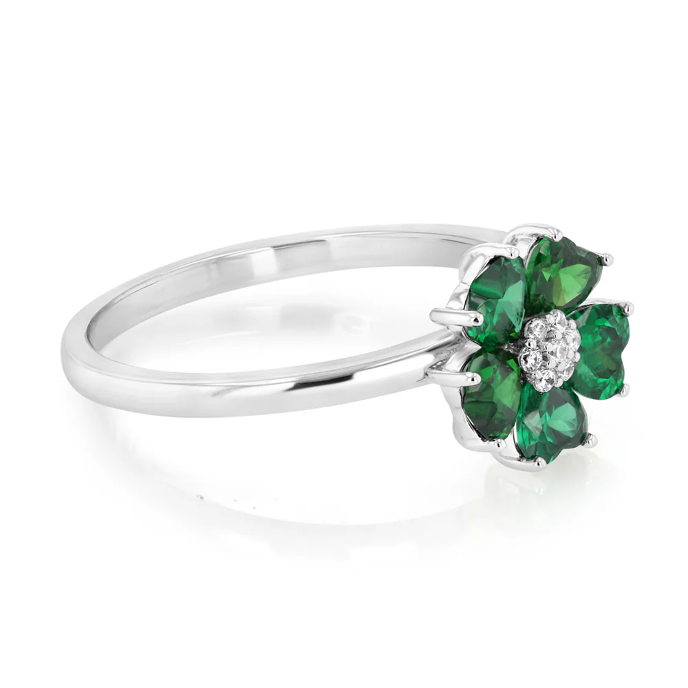 Sterling Silver Rhodium Plated White And Green Cubic Zirconia Flower Ring - Image 2