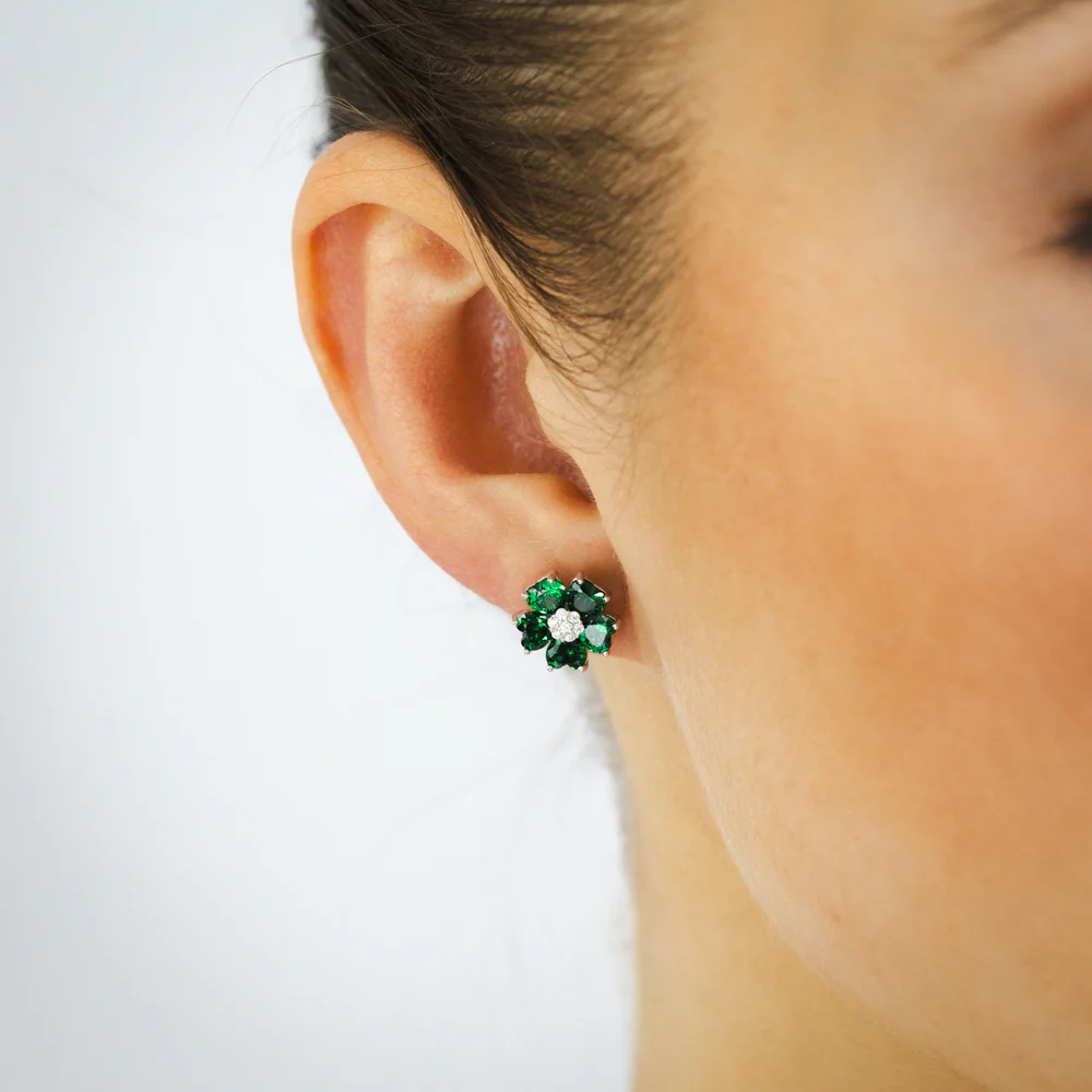Sterling Silver Rhodium Plated White And Green Cubic Zirconia Flower Stud Earrings - Image 2