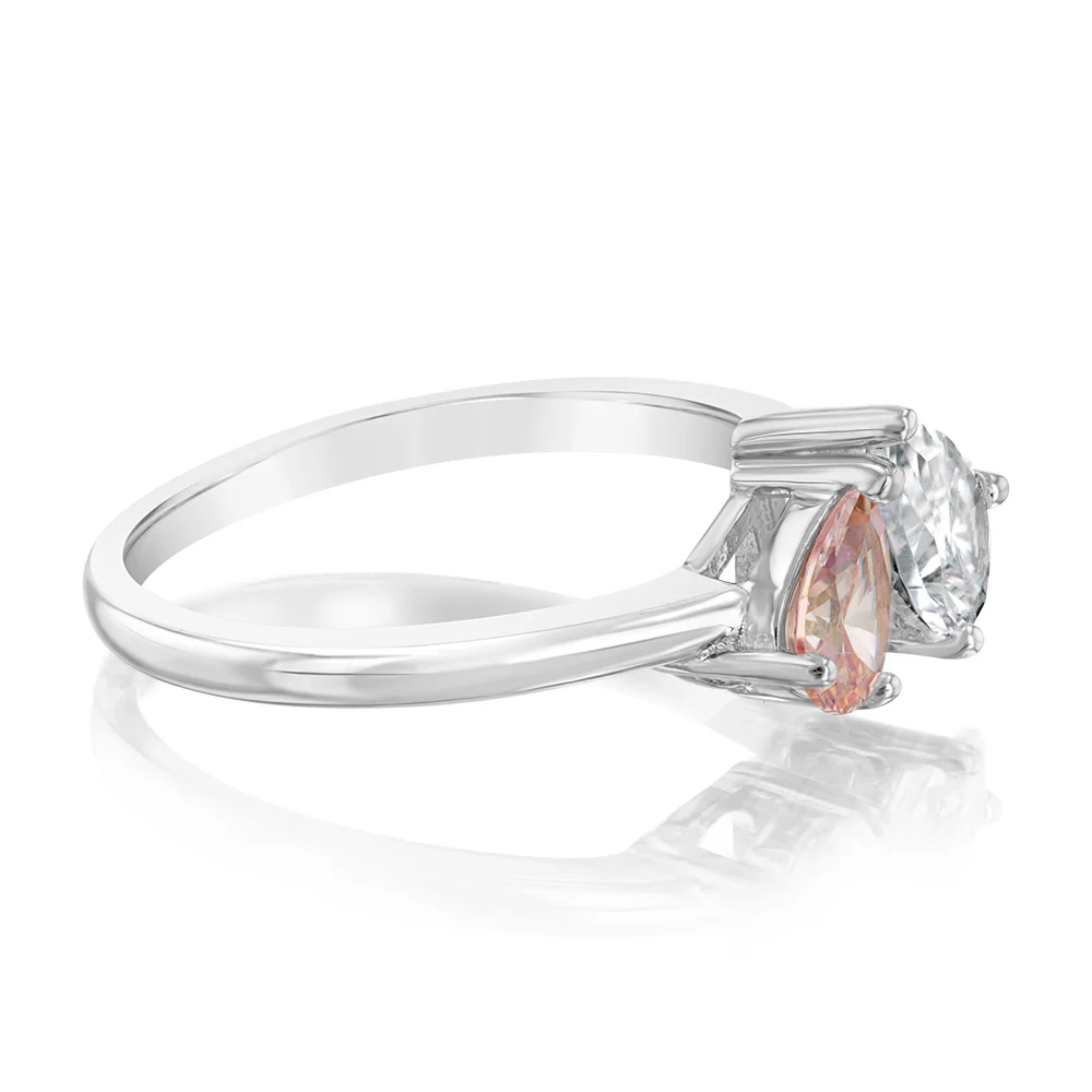 Sterling Silver Rhodium Plated White And Morganite Pear Fancy Ring - Image 2