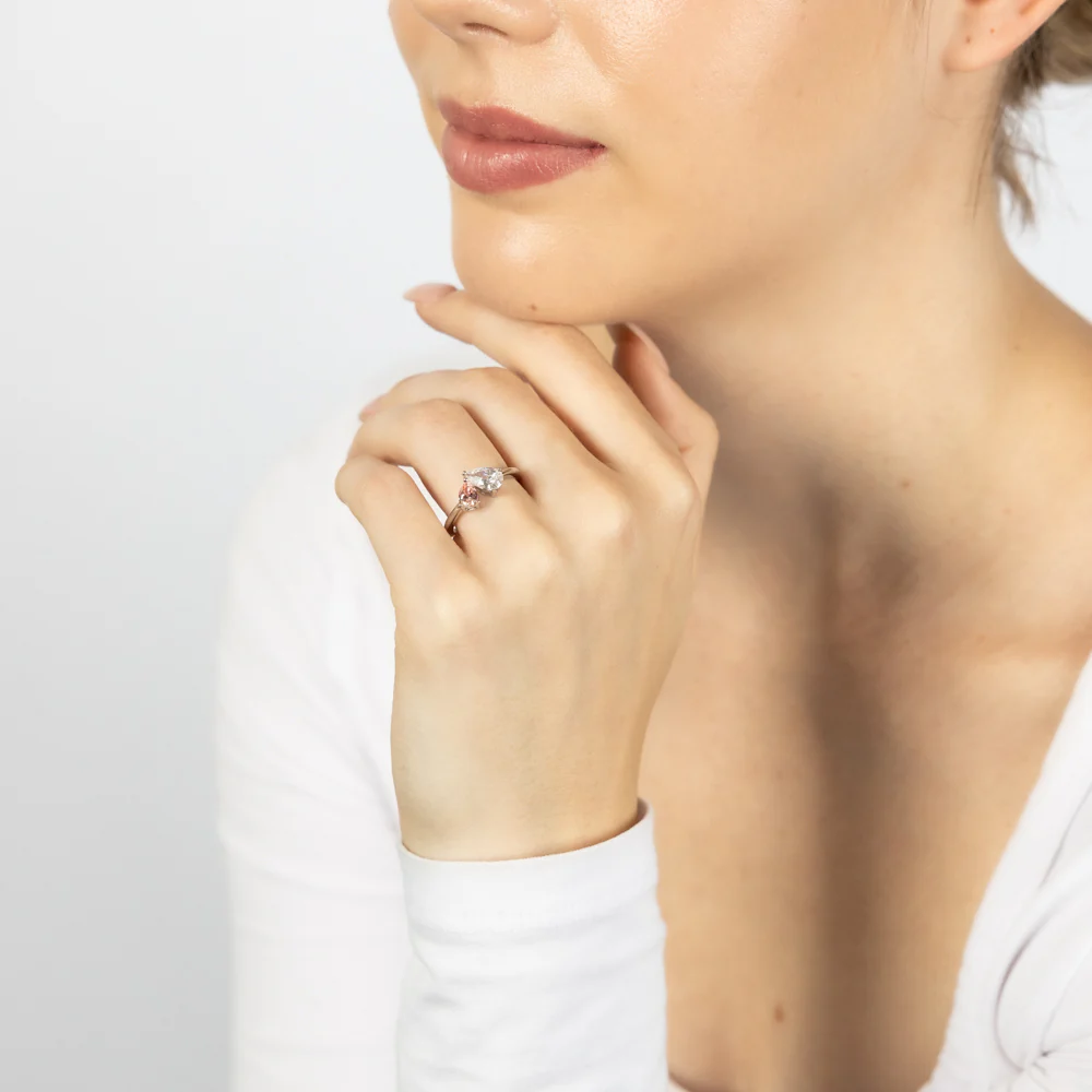 Sterling Silver Rhodium Plated White And Morganite Pear Fancy Ring - Image 3
