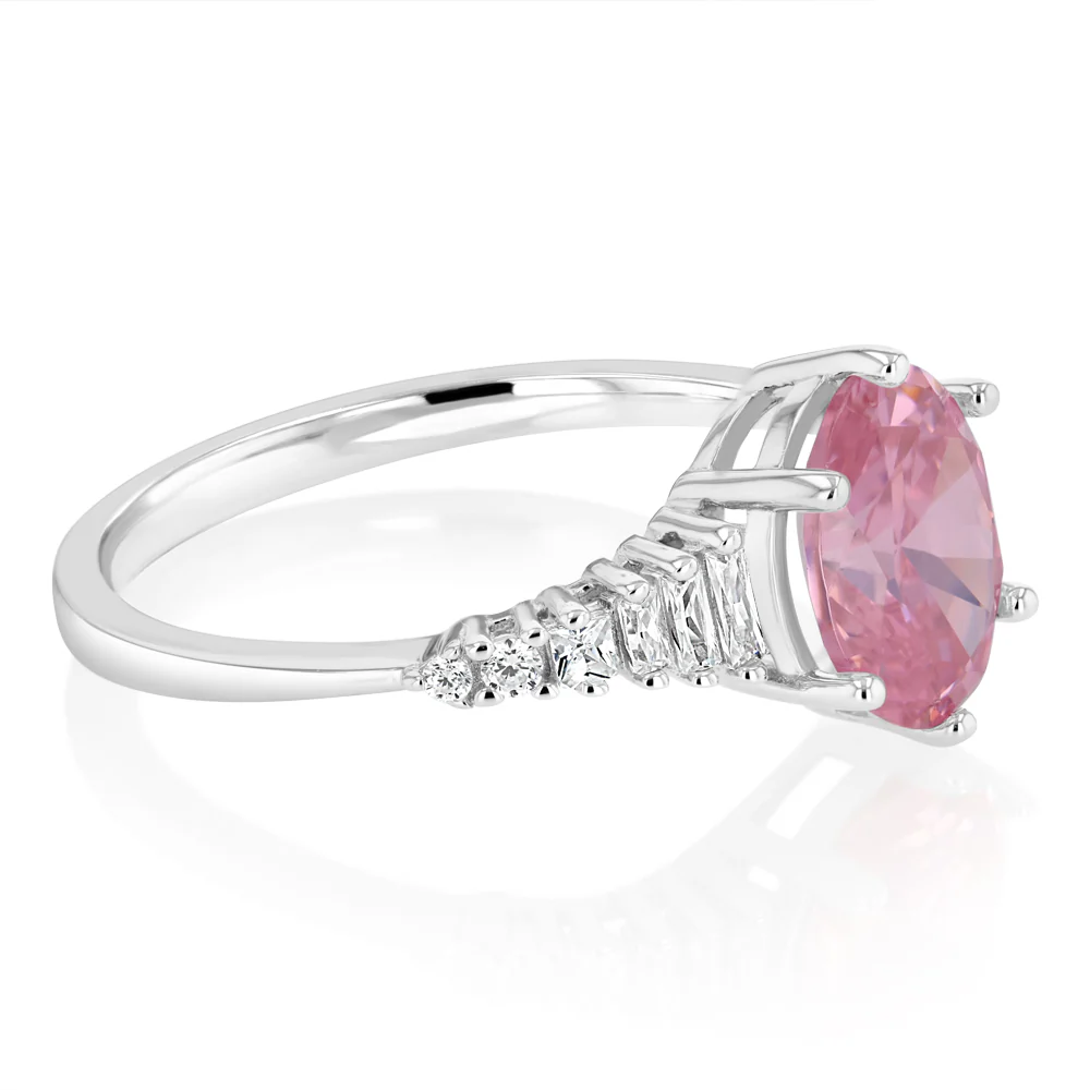 Sterling Silver Rhodium Plated White And Pink Cubic Zirconia Fancy Ring - Image 2