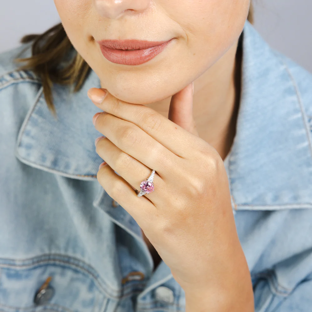 Sterling Silver Rhodium Plated White And Pink Cubic Zirconia Fancy Ring - Image 3