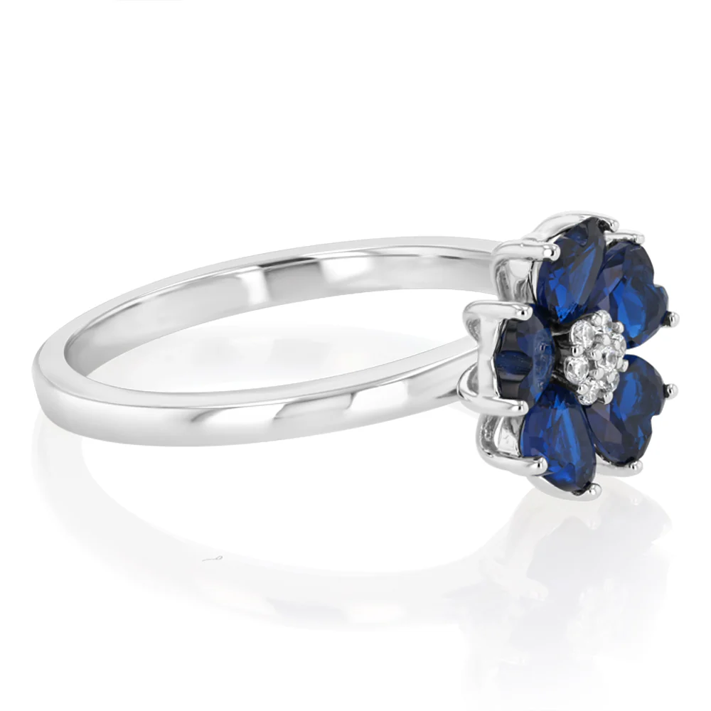 Sterling Silver Rhodium Plated White And Sapphire Blue Cubic Zirconia Flower Ring - Image 2