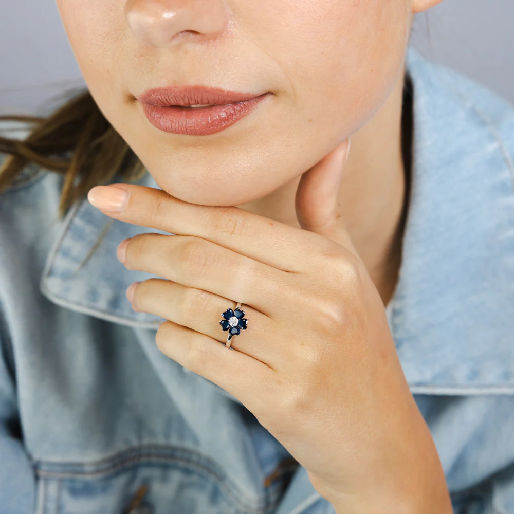 Sterling Silver Rhodium Plated White And Sapphire Blue Cubic Zirconia Flower Ring - Image 3