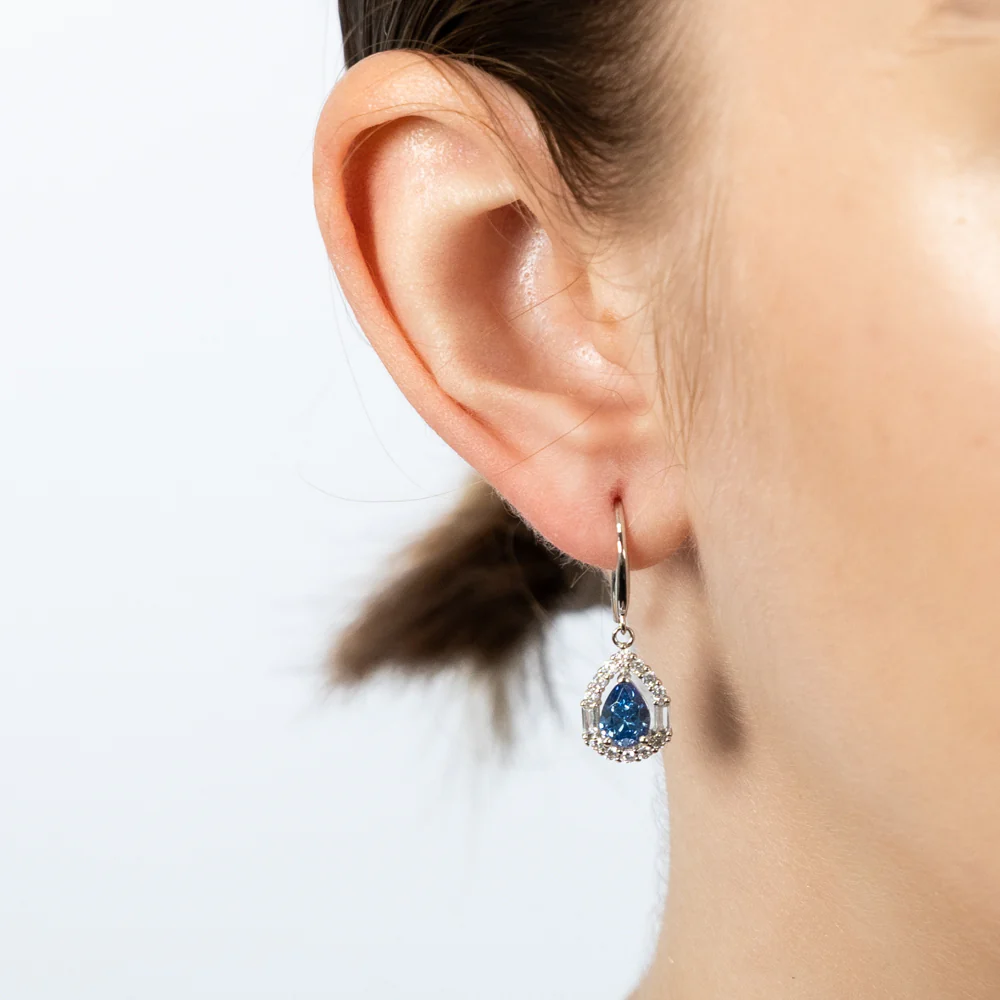 Sterling Silver Rhodium Plated White And Sapphire Cubic Zirconia Pear Shaped Drop Earrings - Image 2