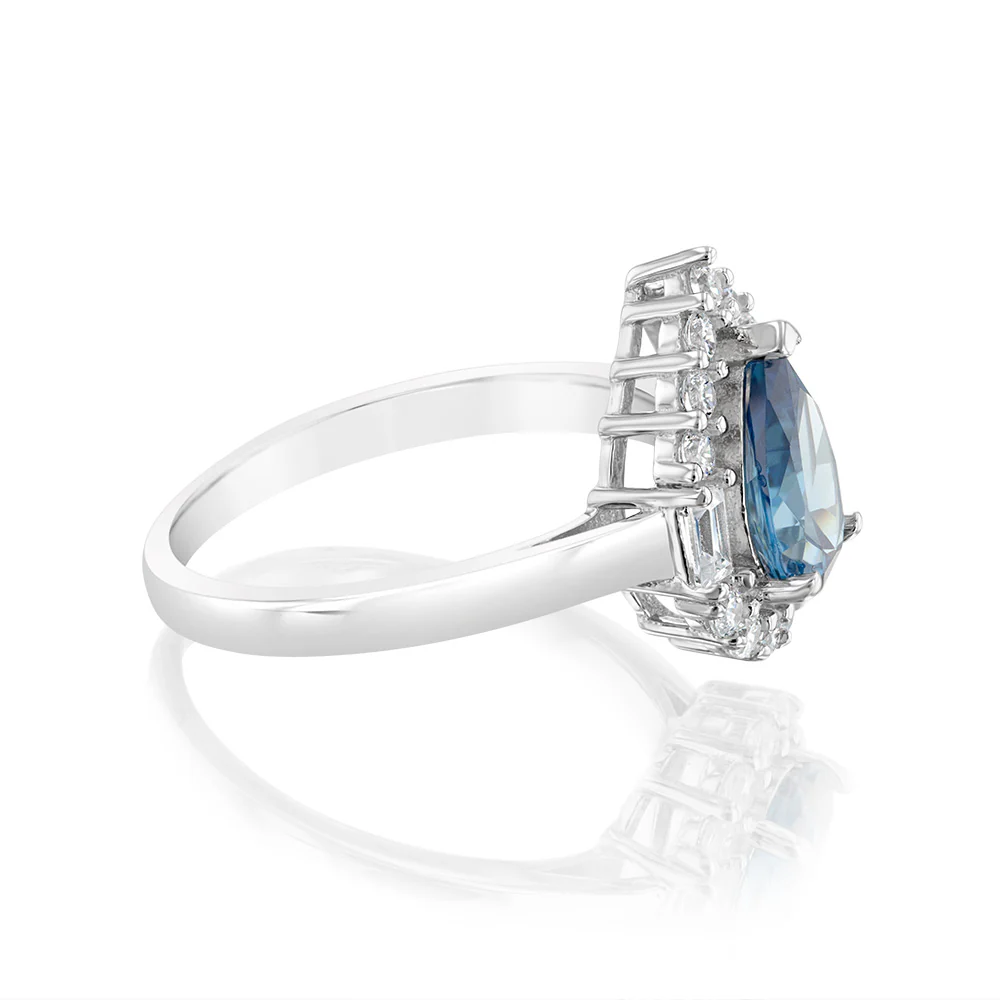 Sterling Silver Rhodium Plated White And Sapphire Cubic Zirconia Pear Shaped Ring - Image 2