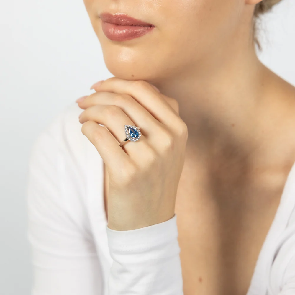 Sterling Silver Rhodium Plated White And Sapphire Cubic Zirconia Pear Shaped Ring - Image 3