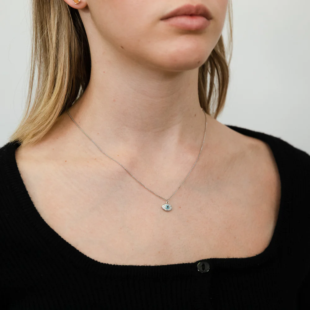 Sterling Silver Rhodium Plated White Black Cubic Zirconia Evil Eye Pendant on Chain - Image 2