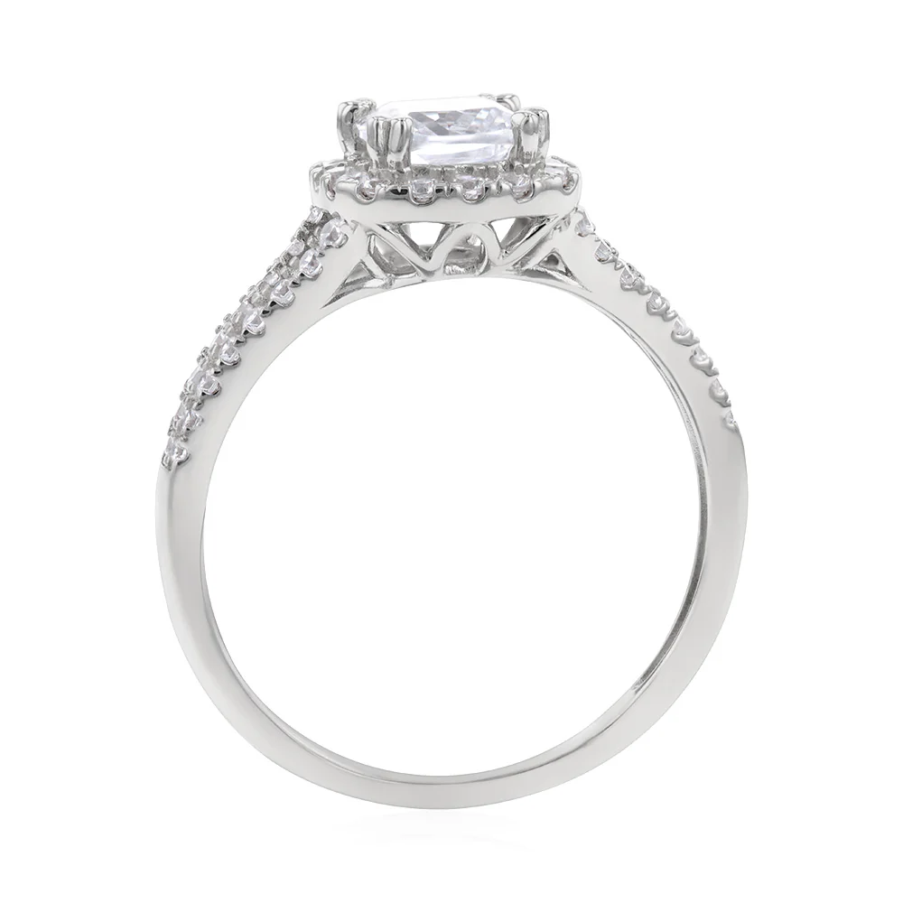 Sterling Silver Rhodium Plated White Cubic Zirconia Cushion Ring - Image 2