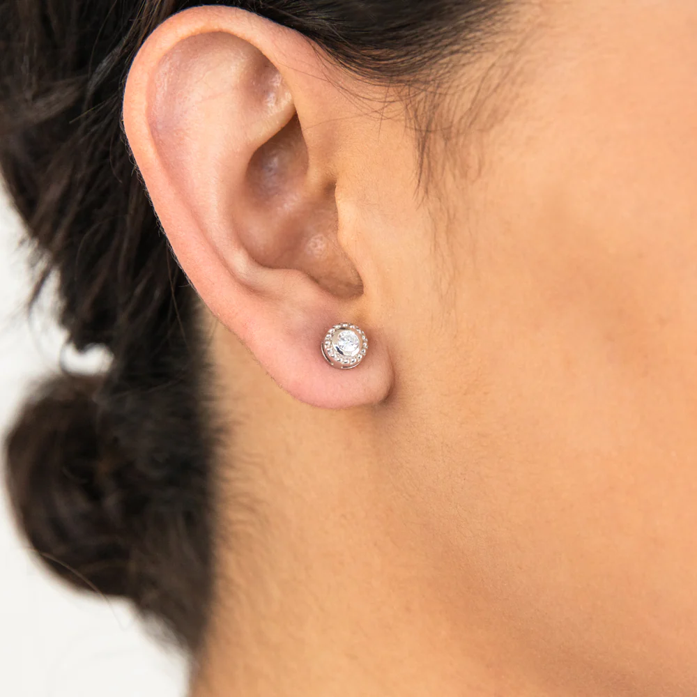 Sterling Silver Rhodium Plated White Cubic Zirconia Halo Stud Earrings - Image 2