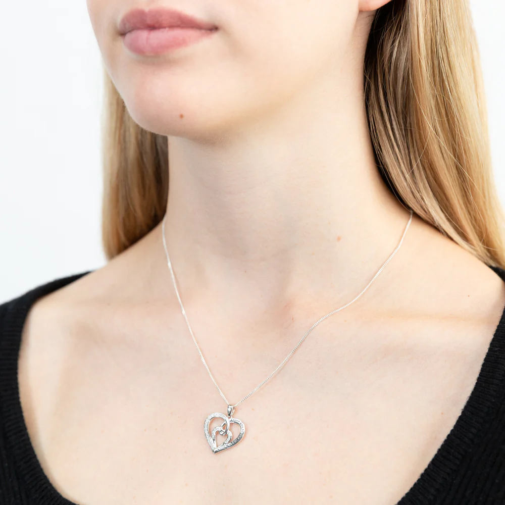 Sterling Silver Rhodium Plated White Cubic Zirconia Inscription Fancy Heart Pendant - Image 2