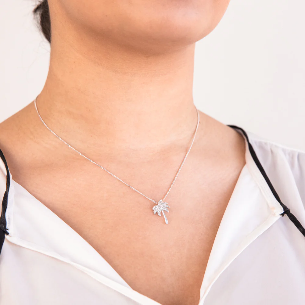 Sterling Silver Rhodium Plated White Cubic Zirconia Palm Tree Pendant - Image 2