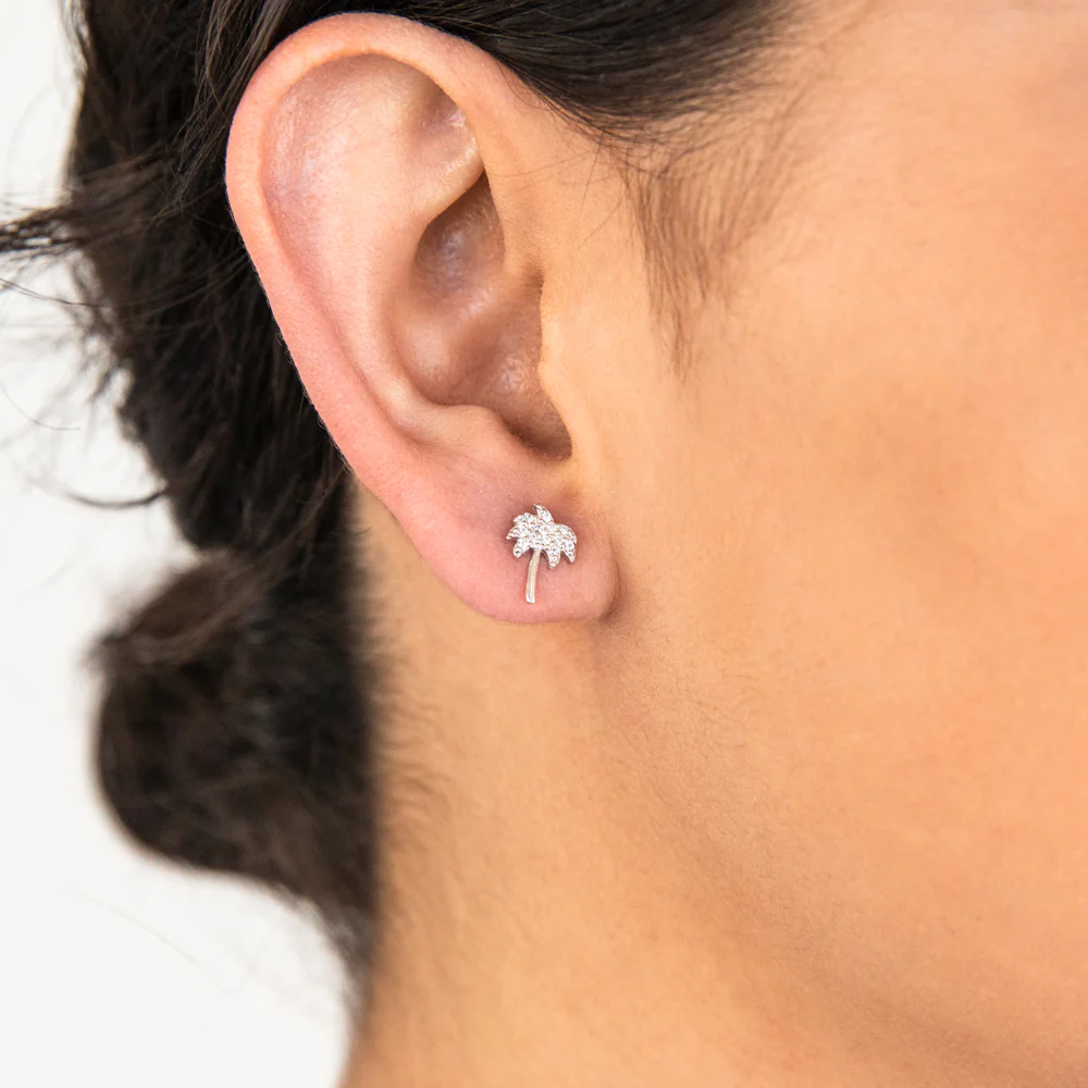 Sterling Silver Rhodium Plated White Cubic Zirconia Palm Tree Stud Earrings - Image 2