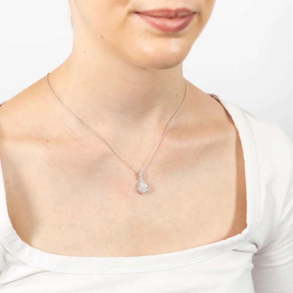 Sterling Silver Rhodium Plated White Cubic Zirconia Pear Shaped Pendant On chain - Image 2