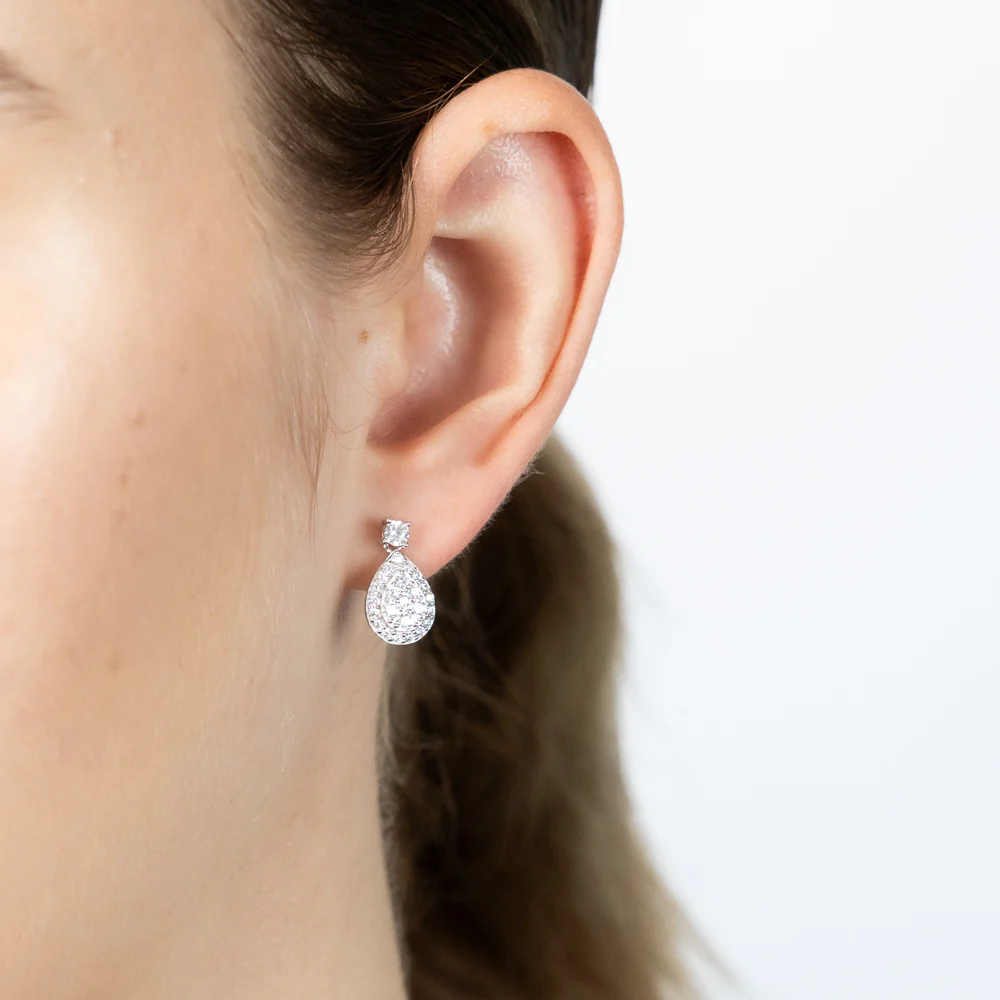 Sterling Silver Rhodium Plated White Cubic Zirconia Pear Shaped Stud Earrings - Image 2