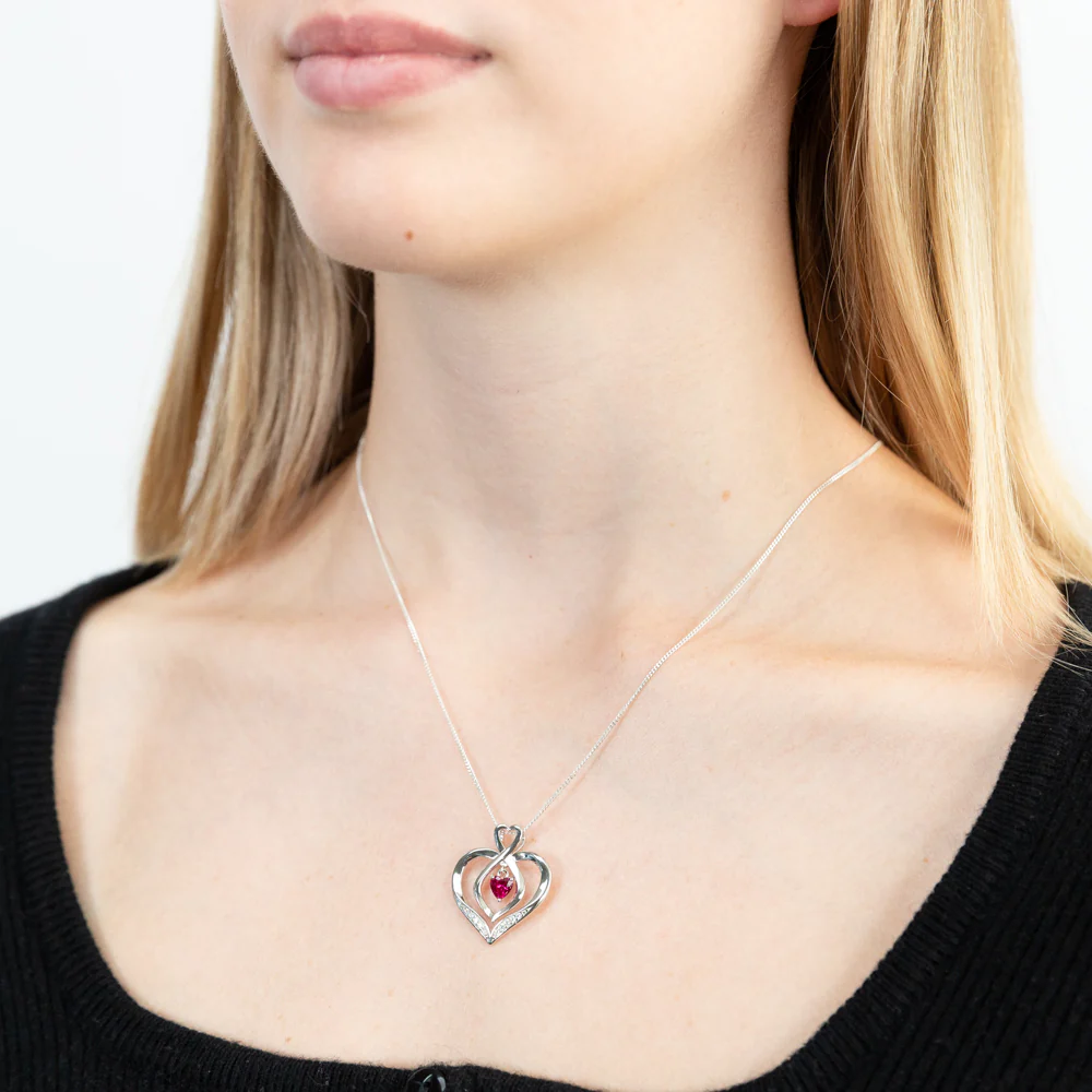 Sterling Silver Rhodium Plated White CZ And Created Ruby Infinity On Heart Pendant - Image 2