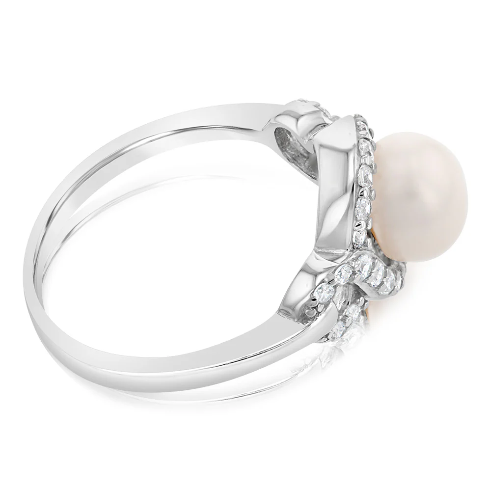Sterling Silver Rhodium Plated White Fresh Water Pearl And Cubic Zirconia Ring - Image 2