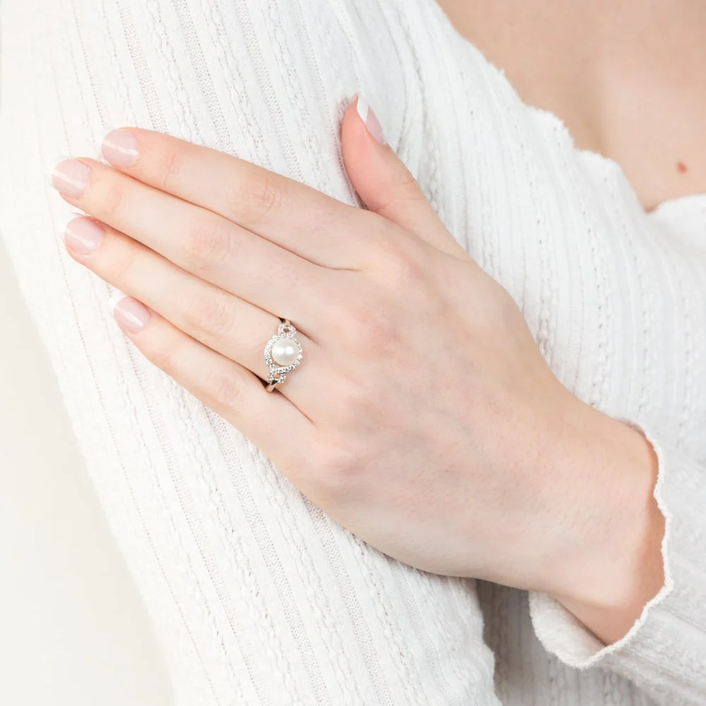Sterling Silver Rhodium Plated White Fresh Water Pearl And Cubic Zirconia Ring - Image 3