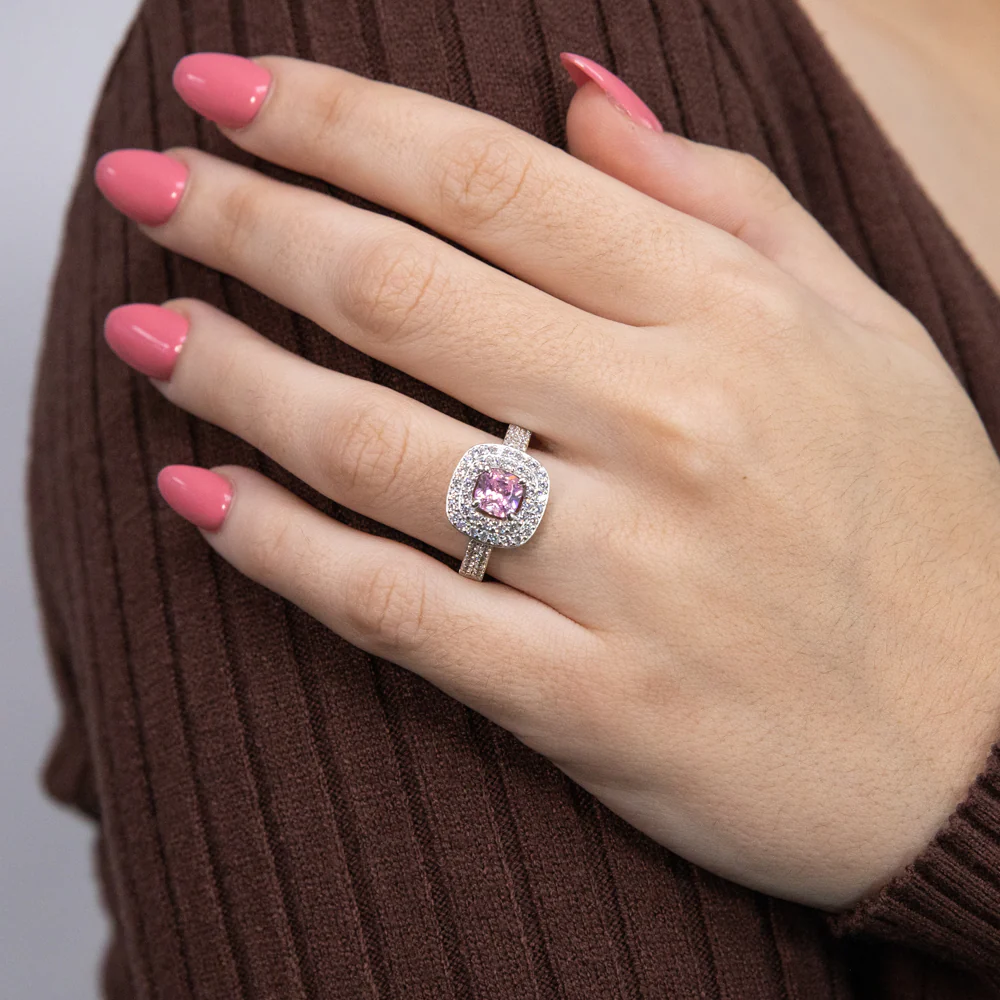 Sterling Silver Rhodium Plated White & Light Pink Cubic Zirconia Cushion Ring - Image 3