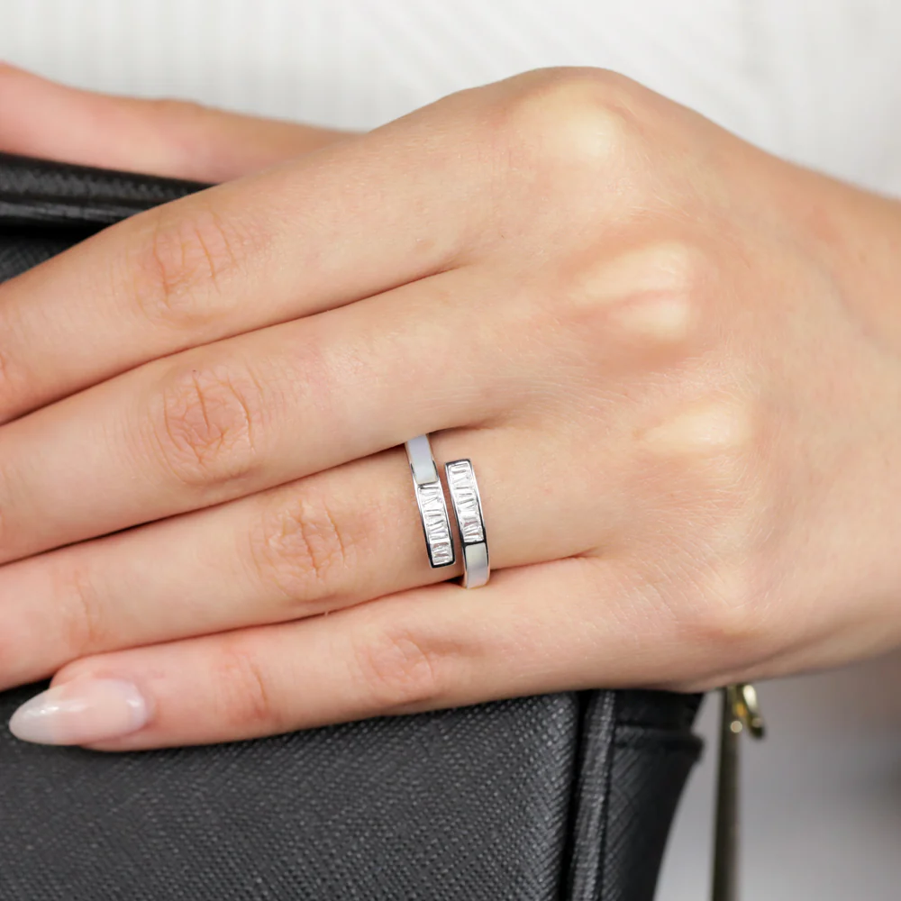 Sterling Silver Rhodium Plated White Shell Pearl And Cubic Zirconia Crossover Ring - Image 3