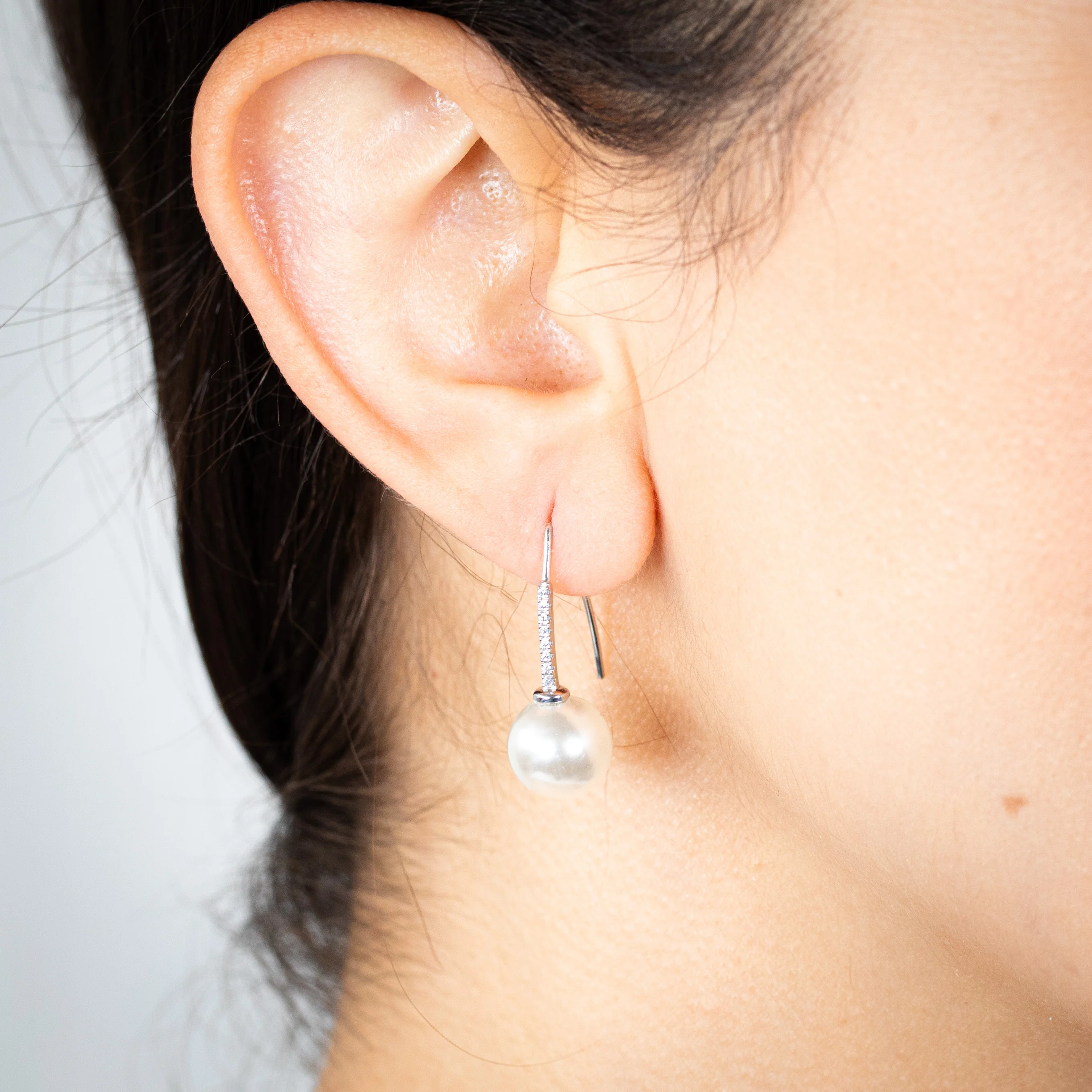 Sterling Silver Rhodium Plated White Shell Pearl & Zirconia Earrings - Image 2