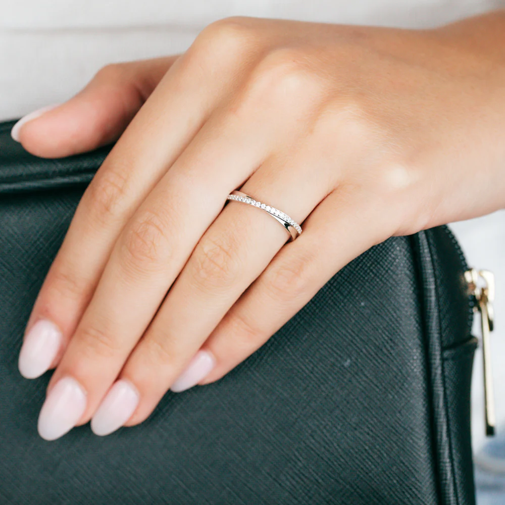 Sterling Silver Rhodium Plated White Zirconia Crossover Ring - Image 3