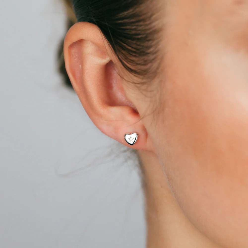 Sterling Silver Rhodium Plated White Zirconia Heart Stud Earrings - Image 2