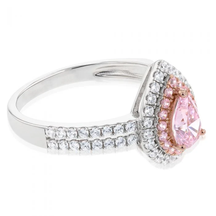 Sterling Silver Rhodium & Rose Gold Plated White & Pink CZ Pear Ring - Image 2