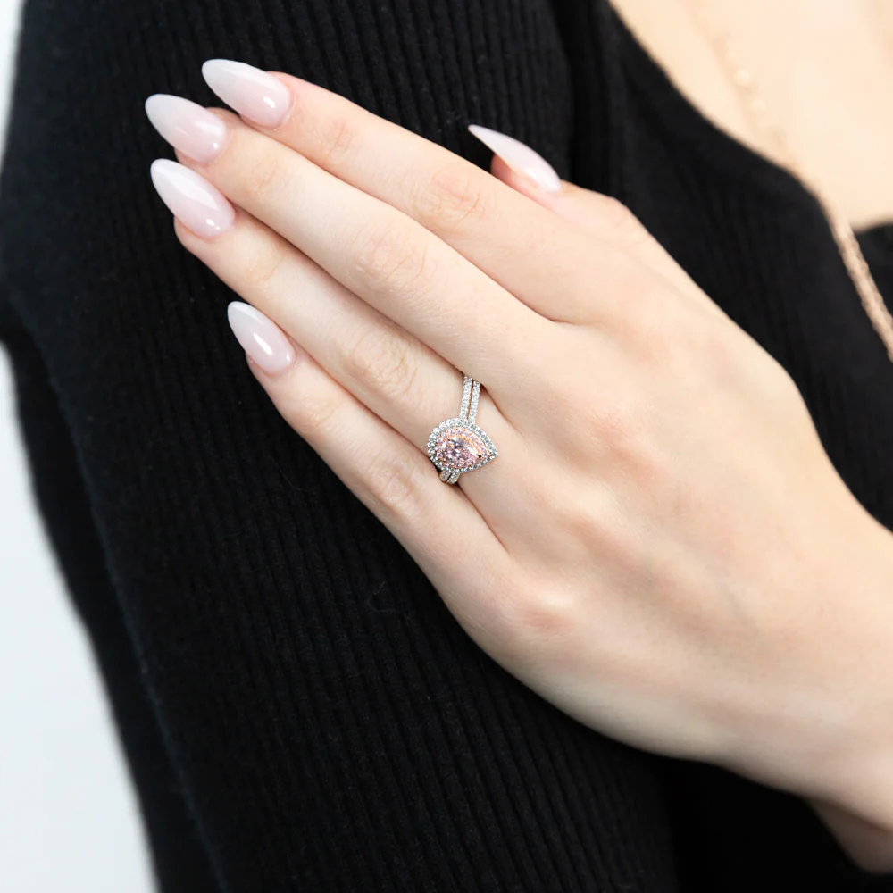 Sterling Silver Rhodium & Rose Gold Plated White & Pink CZ Pear Ring - Image 3