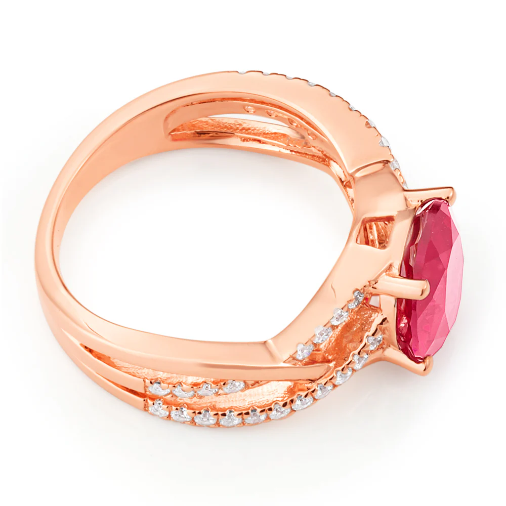 Sterling Silver Rose Gold Plated Created Ruby and Zirconia Ring - Image 2