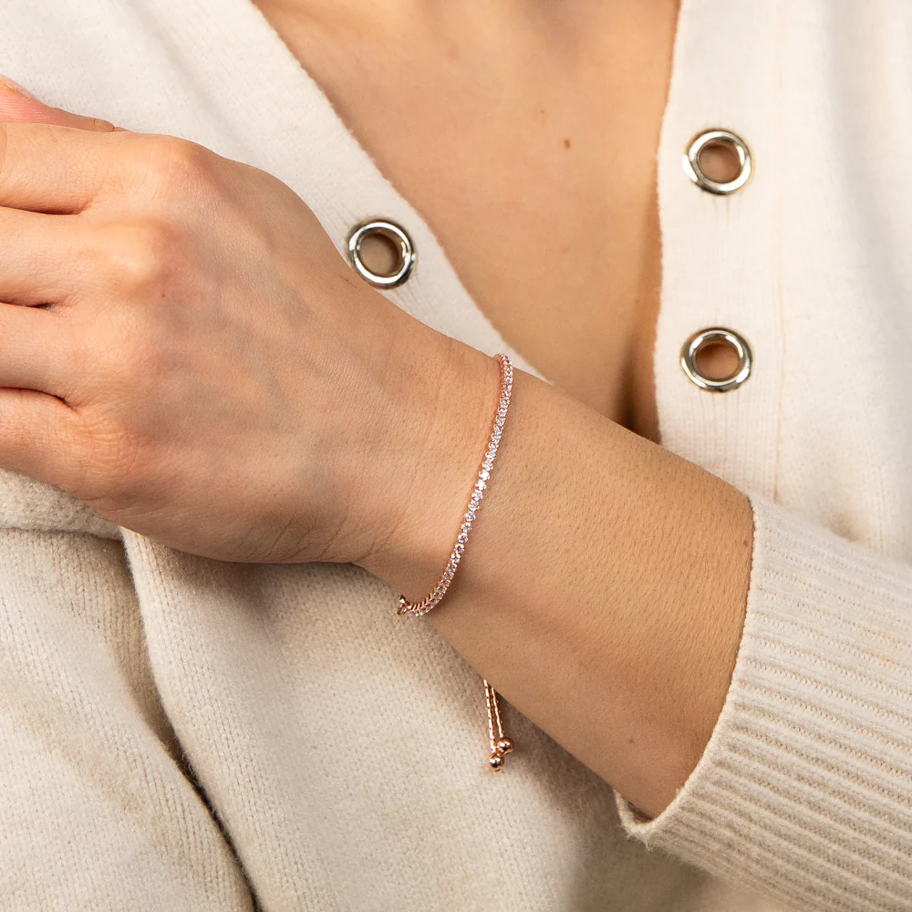 Sterling Silver Rose Gold Plated Cubic Zirconia Adjustable Tennis Bracelet - Image 2