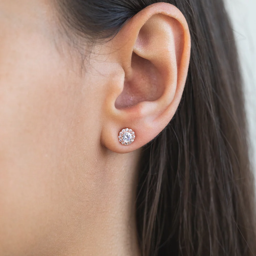 Sterling Silver Rose Gold Plated Cubic Zirconia Brilliant Cut Halo Stud Earrings - Image 2