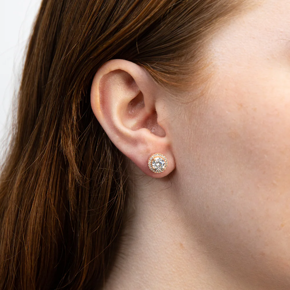 Sterling Silver Rose Gold Plated Cubic Zirconia Halo Stud Earrings - Image 2