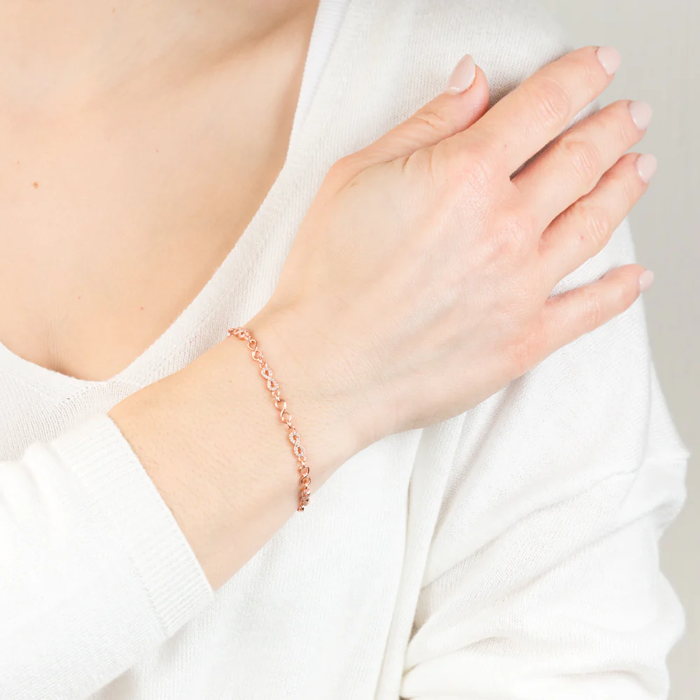 Sterling Silver Rose Gold Plated Cubic Zirconia Infinity 19.5cm Bracelet - Image 3
