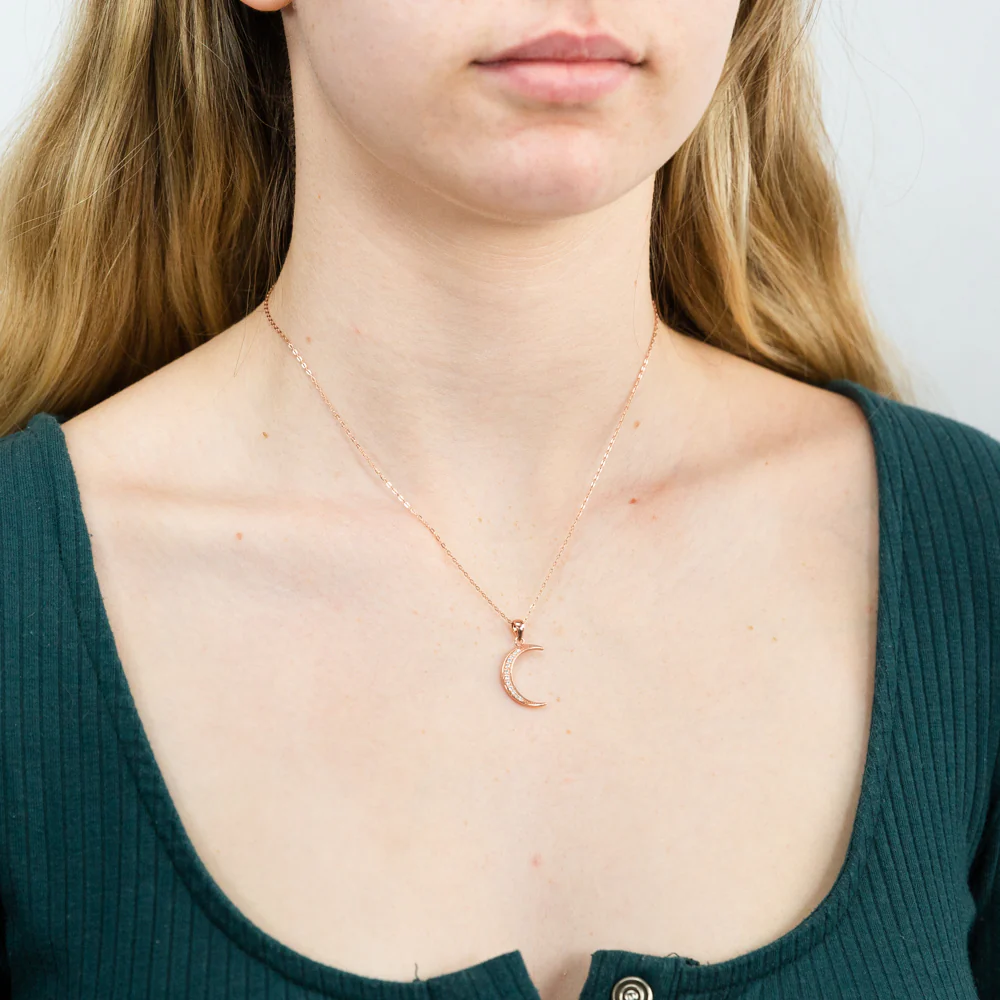 Sterling Silver Rose Gold Plated Cubic Zirconia New Moon Pendant on 42+3cm Chain - Image 2