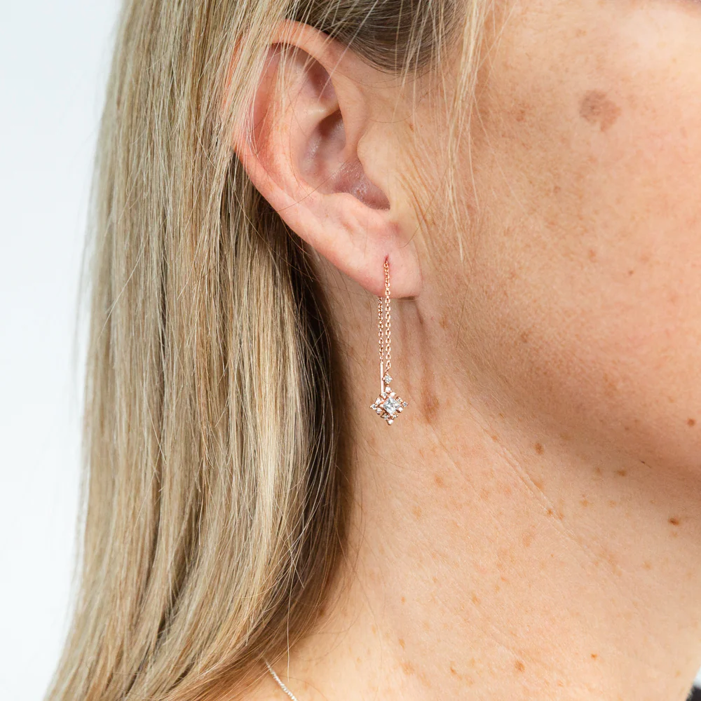 Sterling Silver Rose Gold Plated Cubic Zirconia On Snowflake Threader Earrings - Image 2
