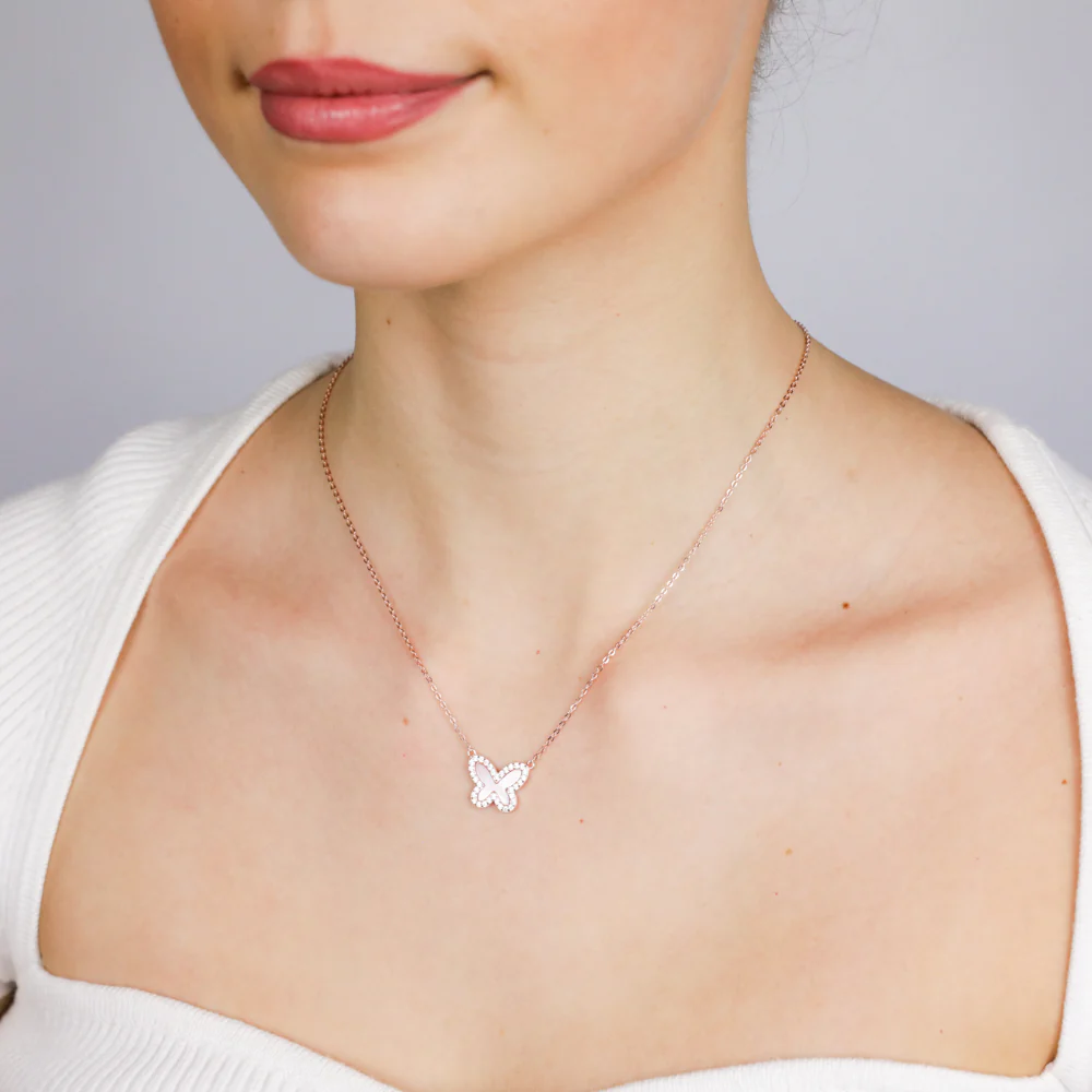 Sterling Silver Rose Gold Plated Cubic Zirconia Pink Shell Pearl Butterfly Pendant On Chain - Image 2